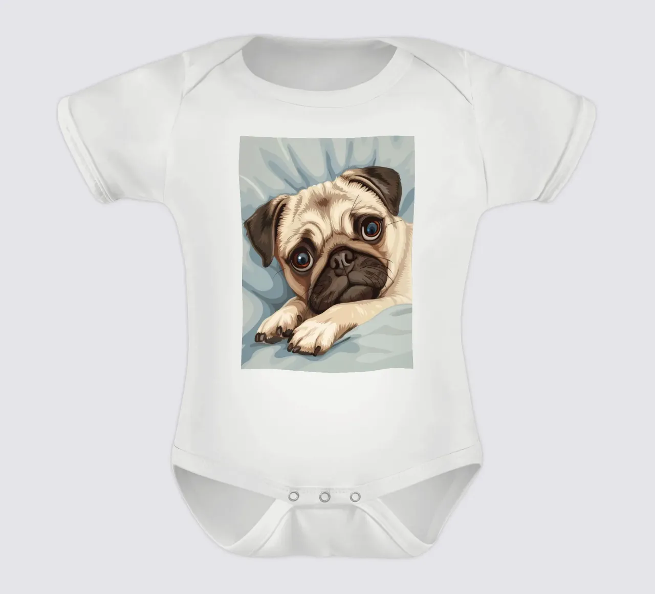 Cute pug resting on soft fabric with a thoughtful expression short-sleeve baby romper by DesignDoodle