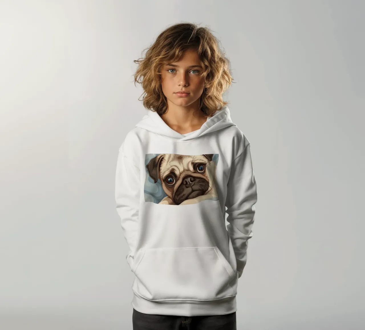 Mignon carlin se reposant sur un tissu doux avec une expression pensive sweat à capuche enfant de DesignDoodle