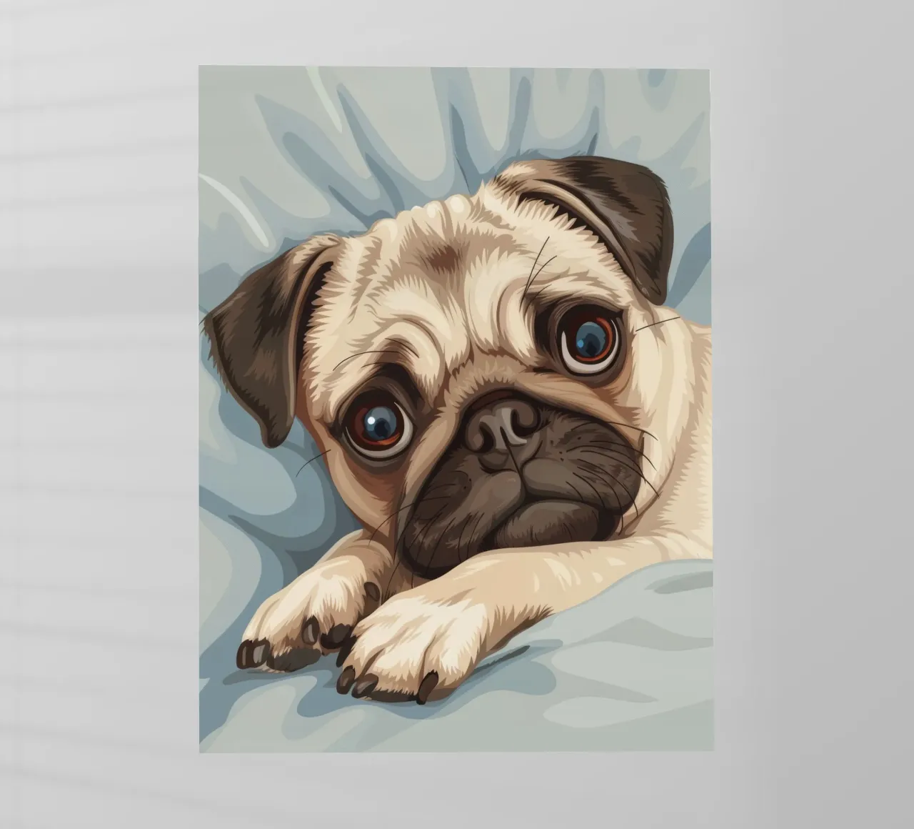 Cute pug resting on soft fabric with a thoughtful expression backlit film by DesignDoodle