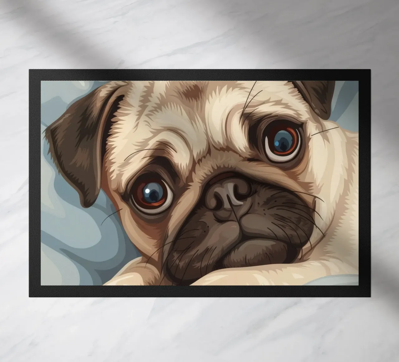 Cute pug resting on soft fabric with a thoughtful expression doormat by DesignDoodle