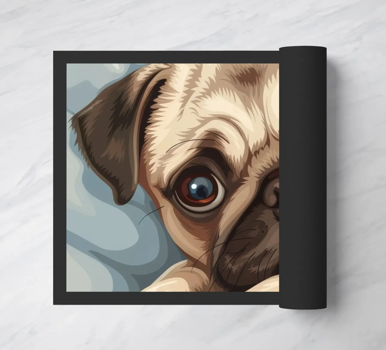 Cute pug resting on soft fabric with a thoughtful expression doormat by DesignDoodle