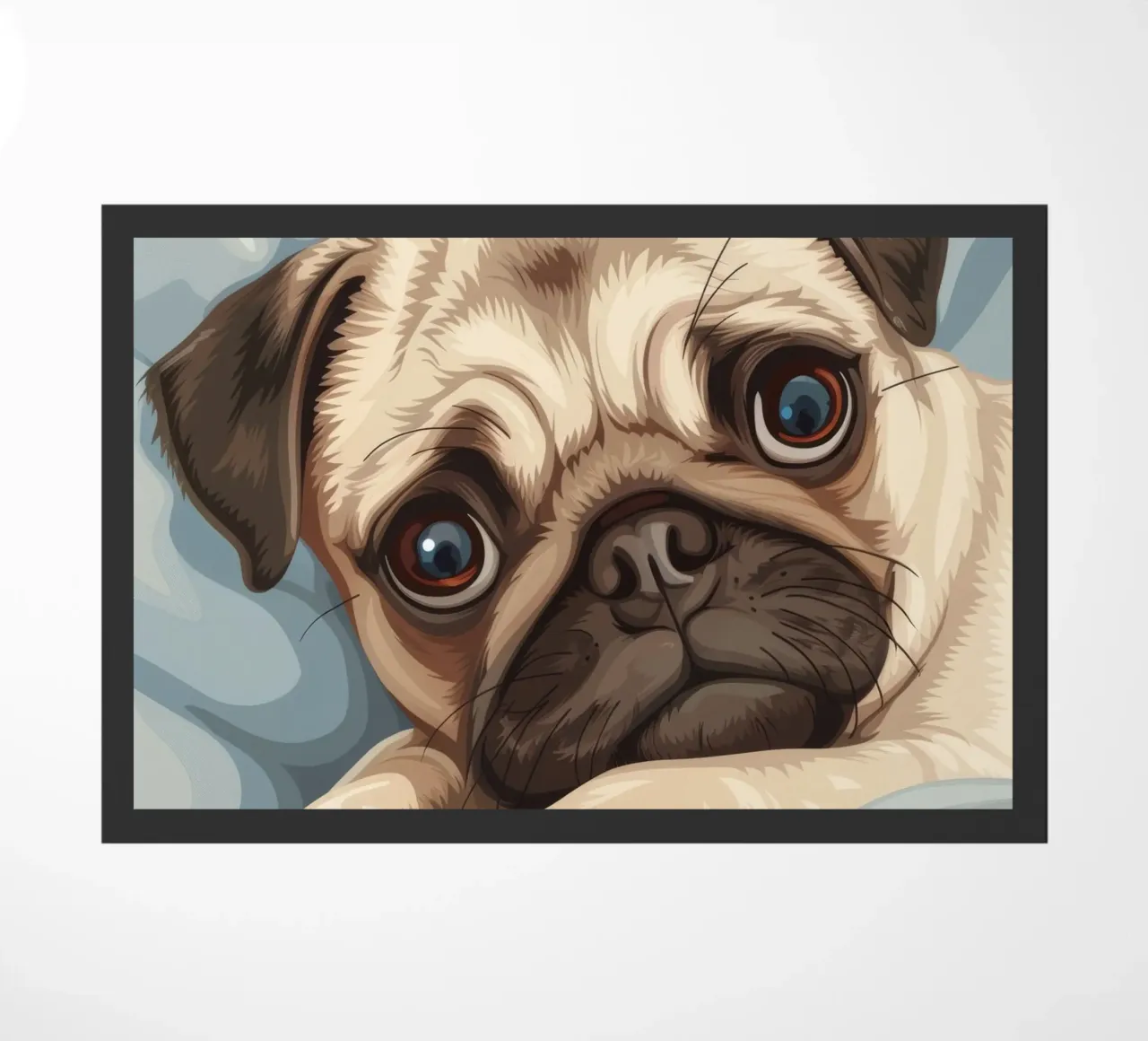 Cute pug resting on soft fabric with a thoughtful expression doormat by DesignDoodle