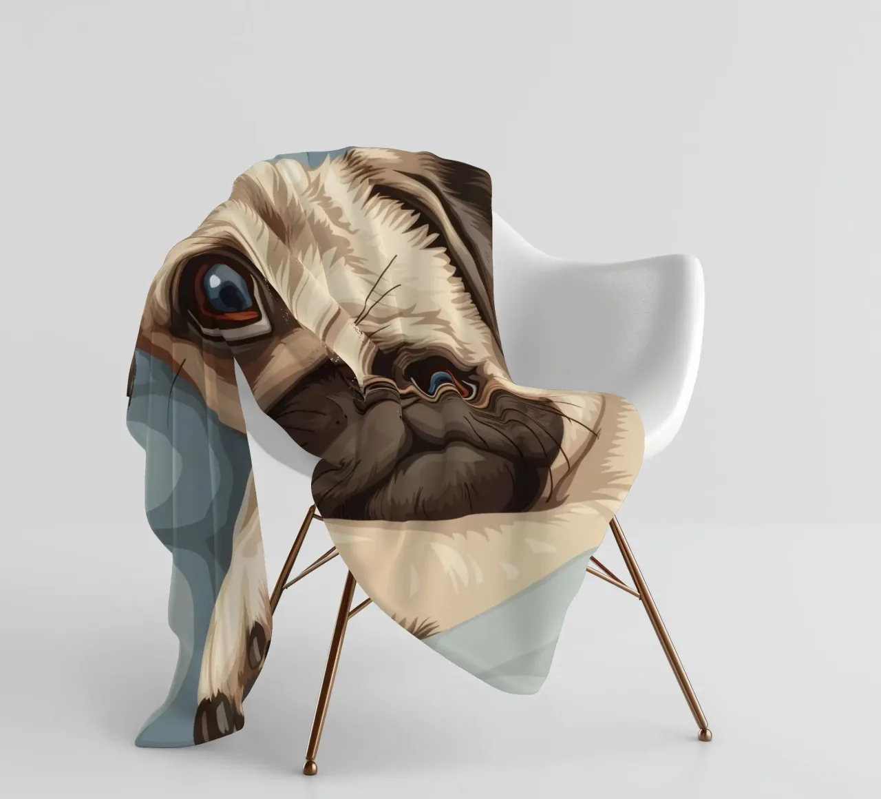 Cute pug resting on soft fabric with a thoughtful expression fleece blanket by DesignDoodle