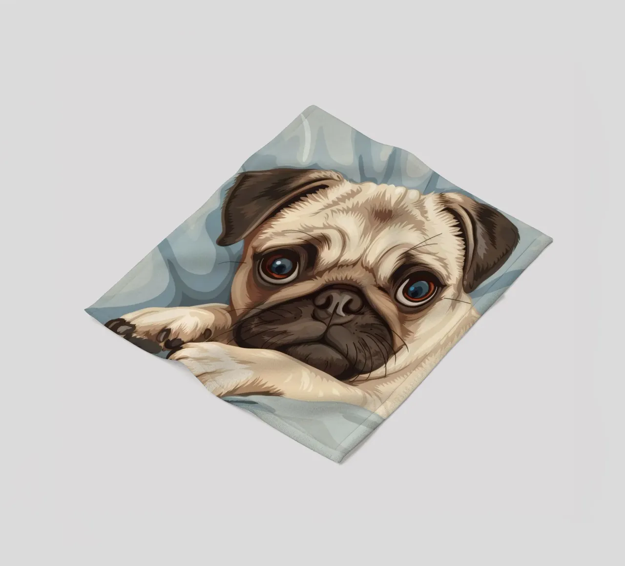 Cute pug resting on soft fabric with a thoughtful expression fleece blanket by DesignDoodle