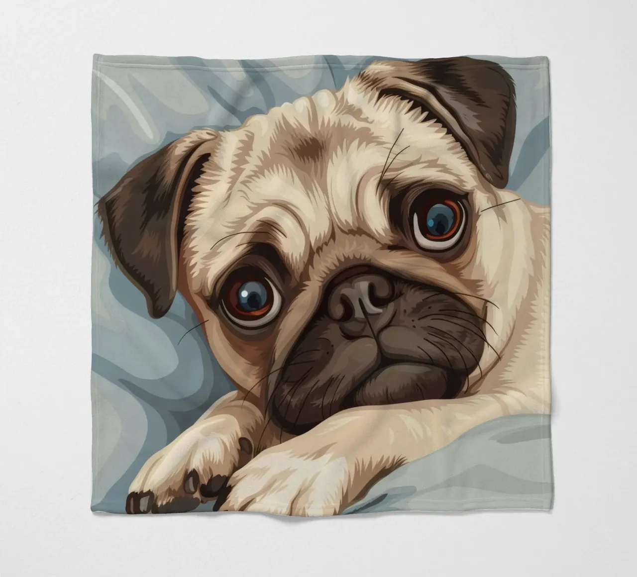 Cute pug resting on soft fabric with a thoughtful expression fleece blanket by DesignDoodle