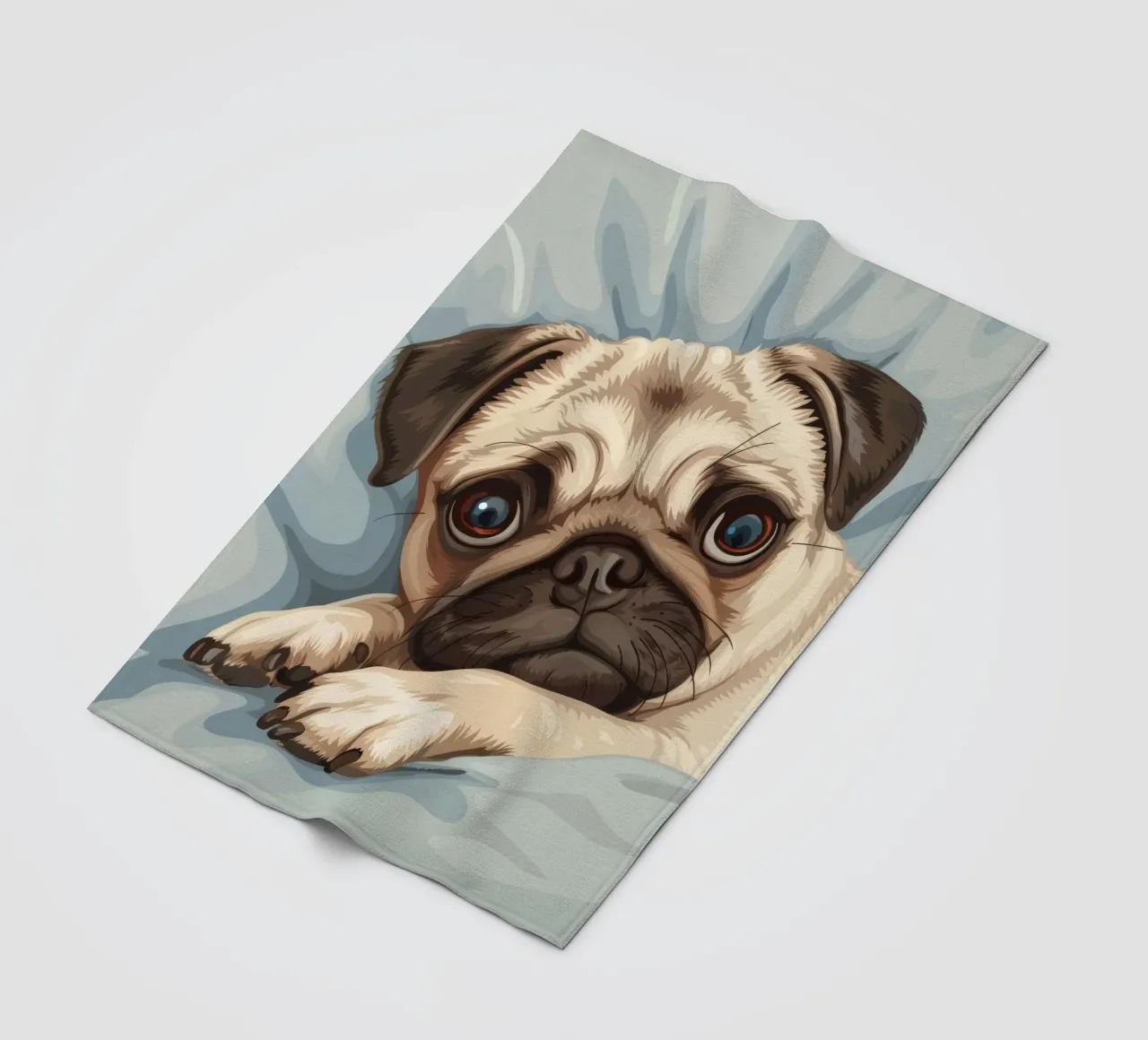 Cute pug resting on soft fabric with a thoughtful expression fleece blanket by DesignDoodle