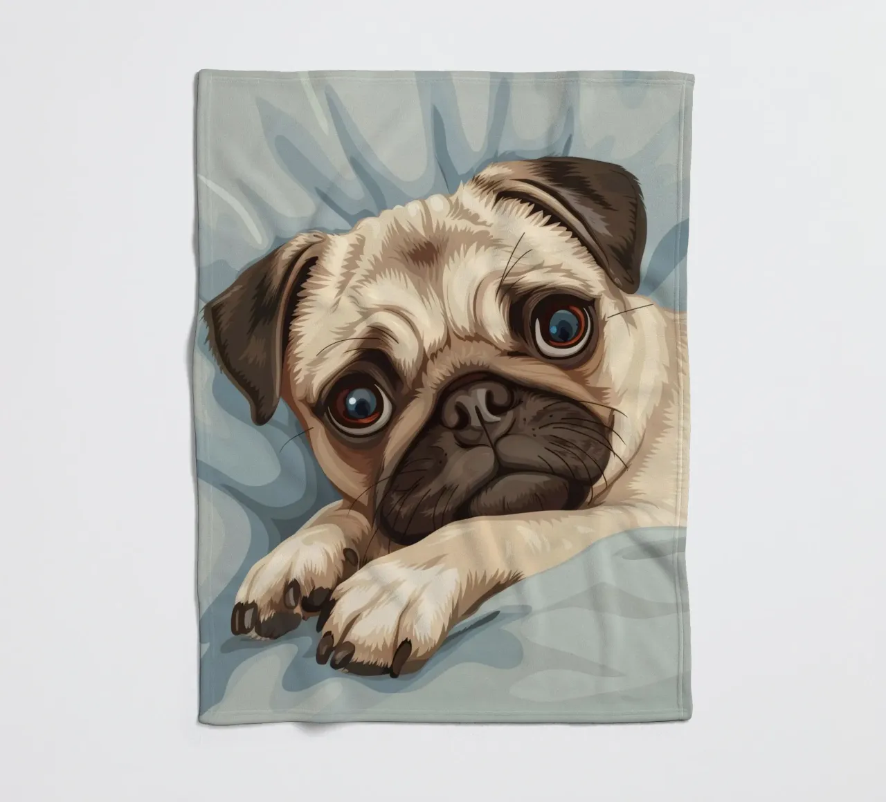 Cute pug resting on soft fabric with a thoughtful expression fleece blanket by DesignDoodle