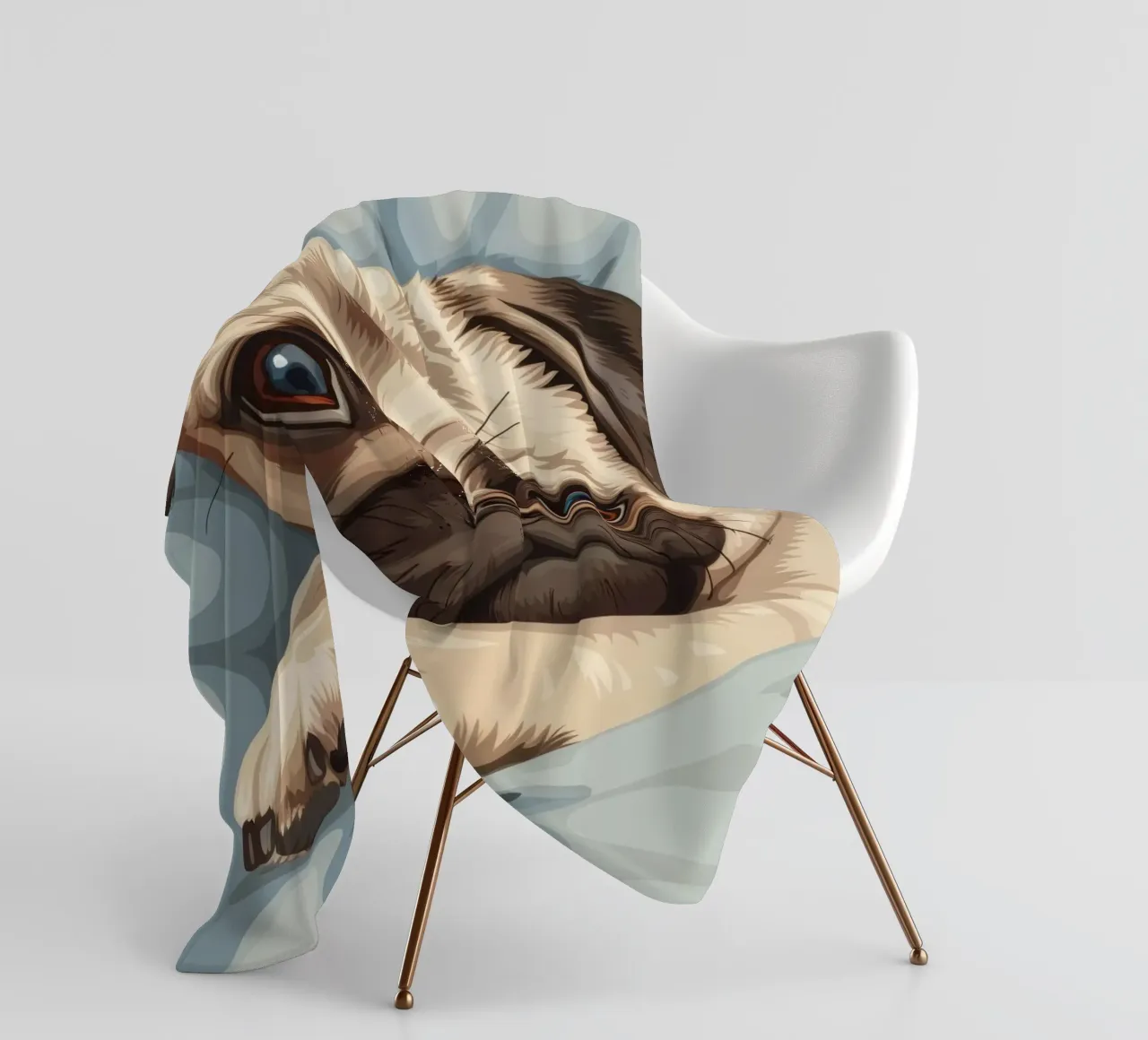 Cute pug resting on soft fabric with a thoughtful expression fleece blanket by DesignDoodle