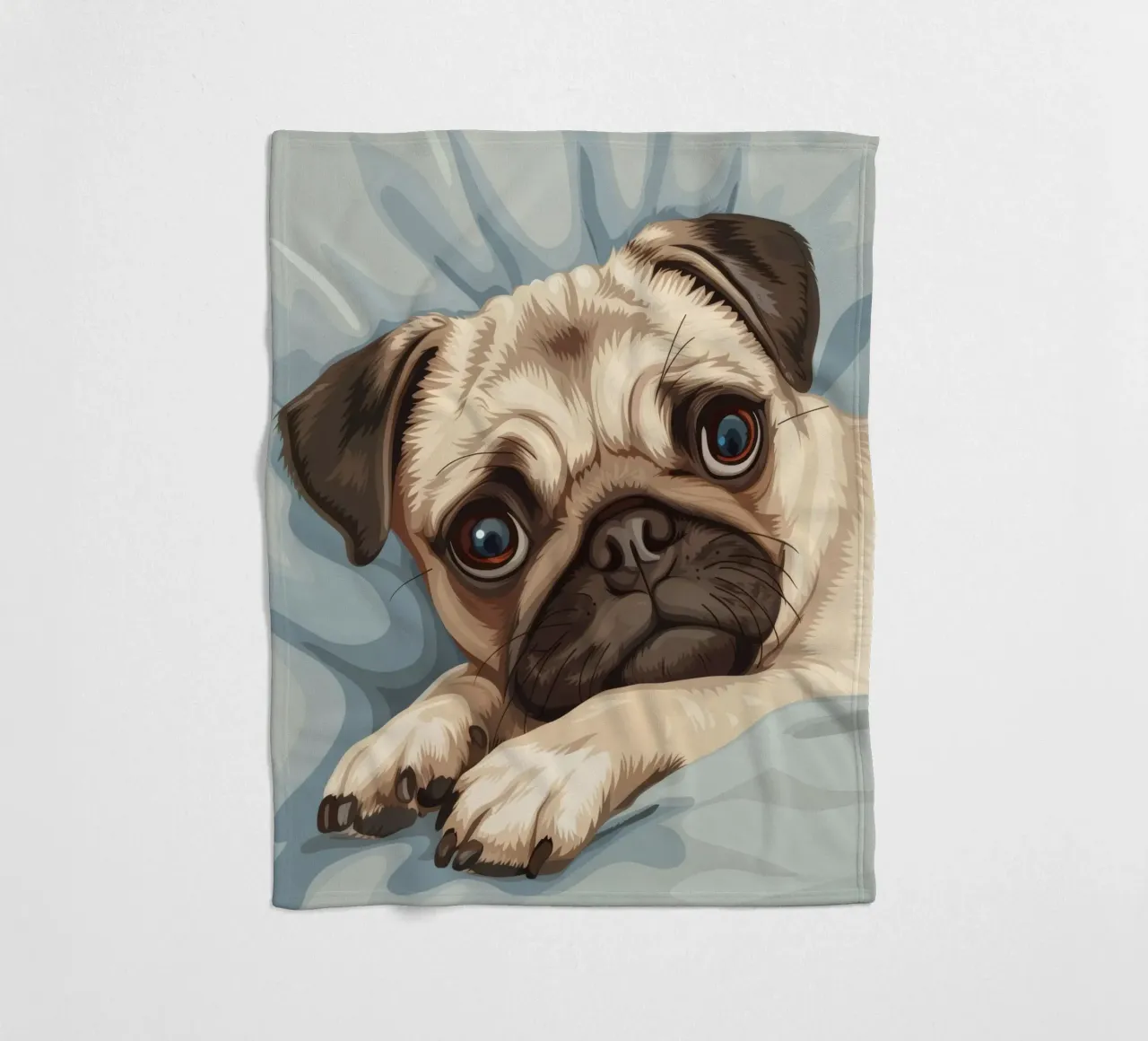 Cute pug resting on soft fabric with a thoughtful expression fleece blanket by DesignDoodle