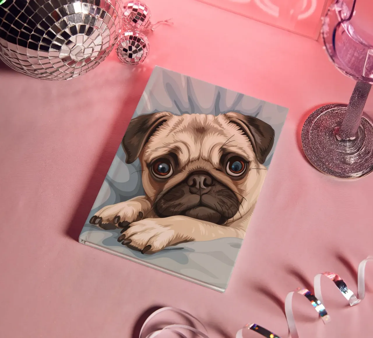 Cute pug resting on soft fabric with a thoughtful expression notebook by DesignDoodle