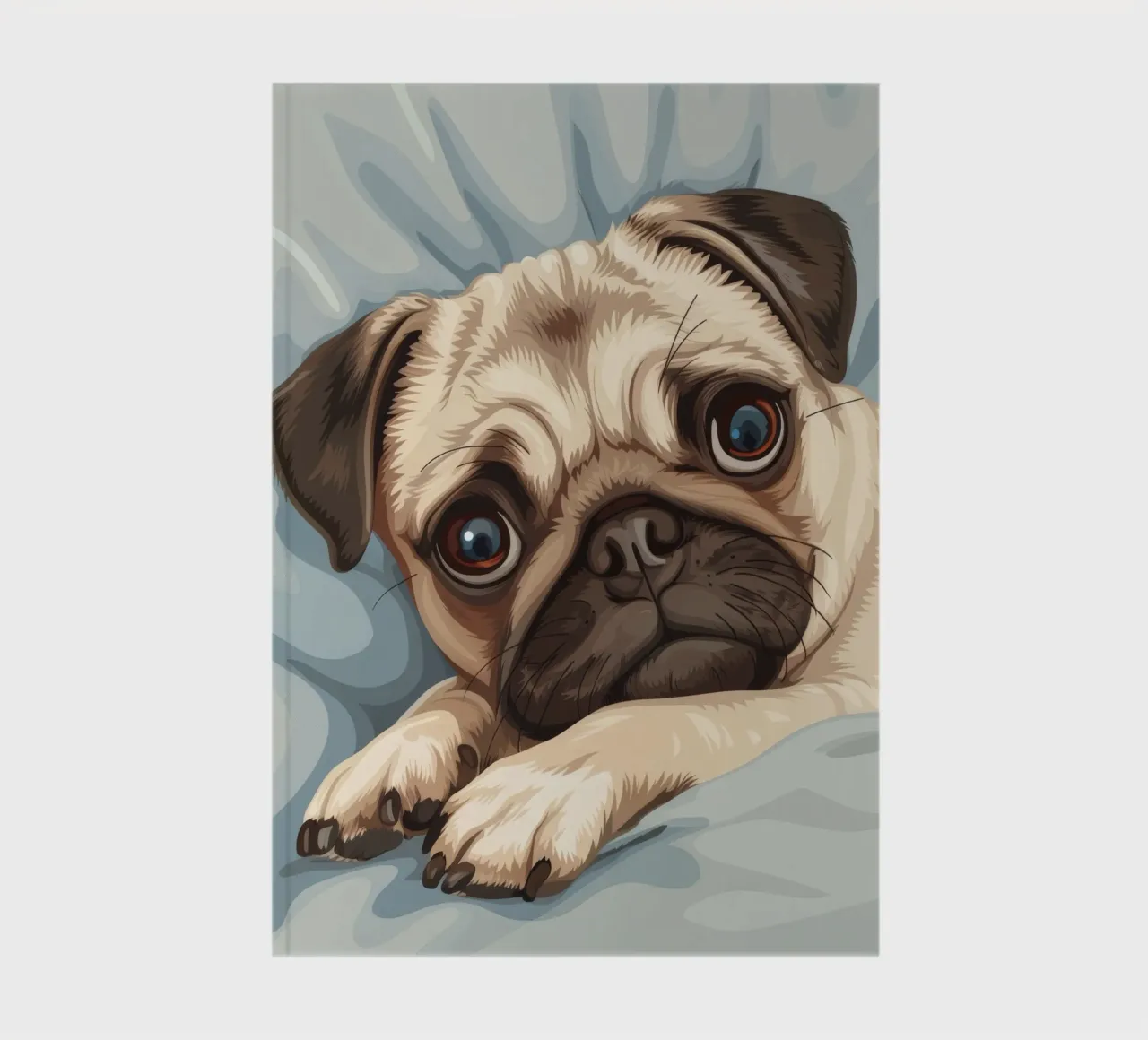 Cute pug resting on soft fabric with a thoughtful expression notebook by DesignDoodle
