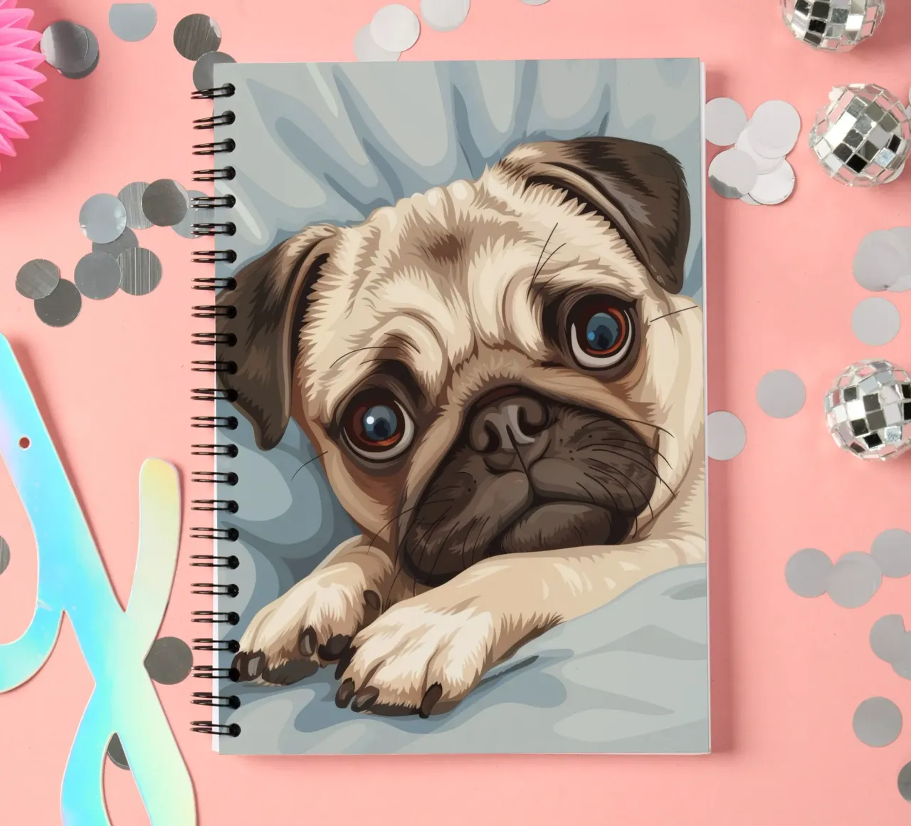 Cute pug resting on soft fabric with a thoughtful expression spiral notebook by DesignDoodle