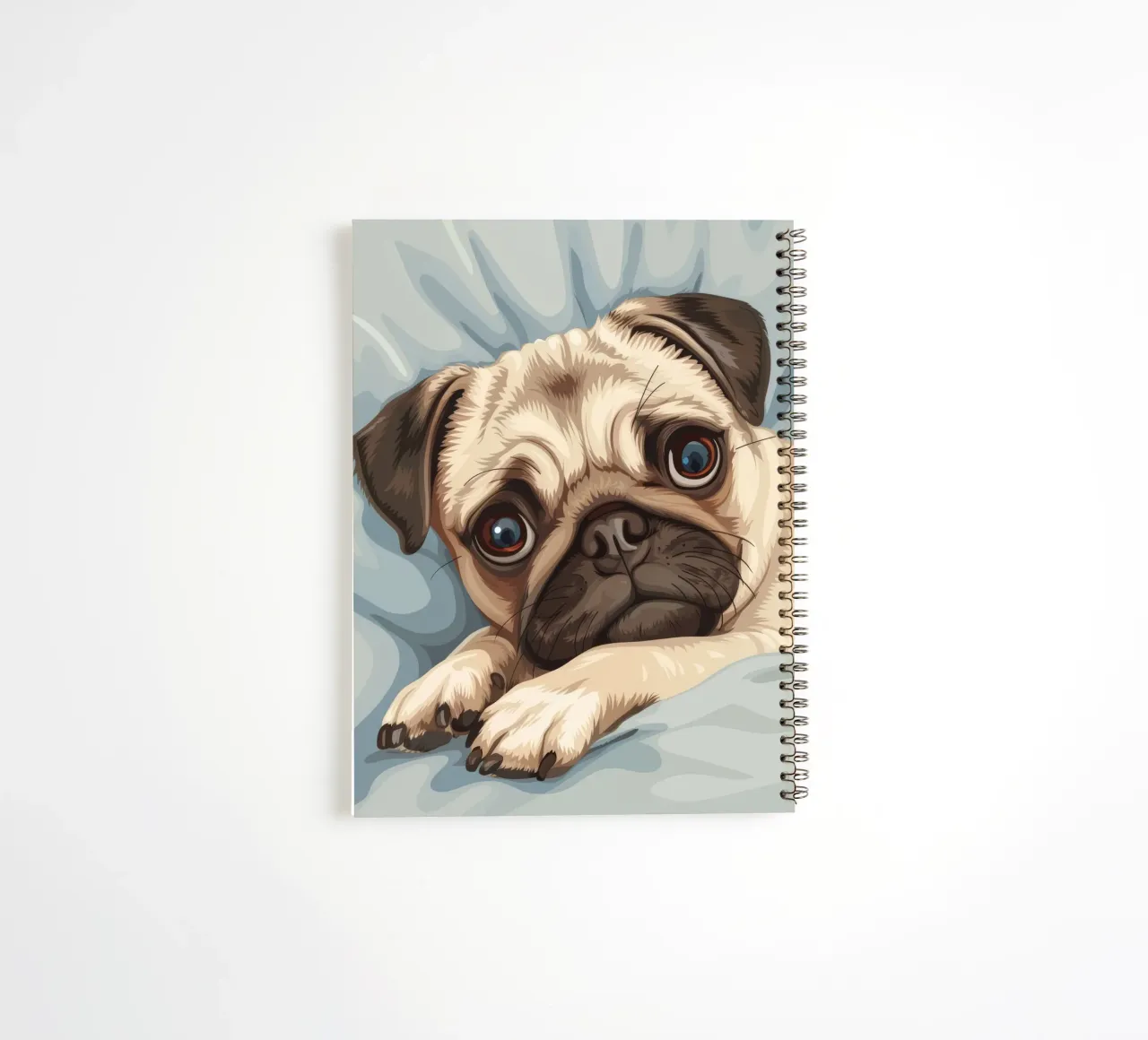 Cute pug resting on soft fabric with a thoughtful expression spiral notebook by DesignDoodle