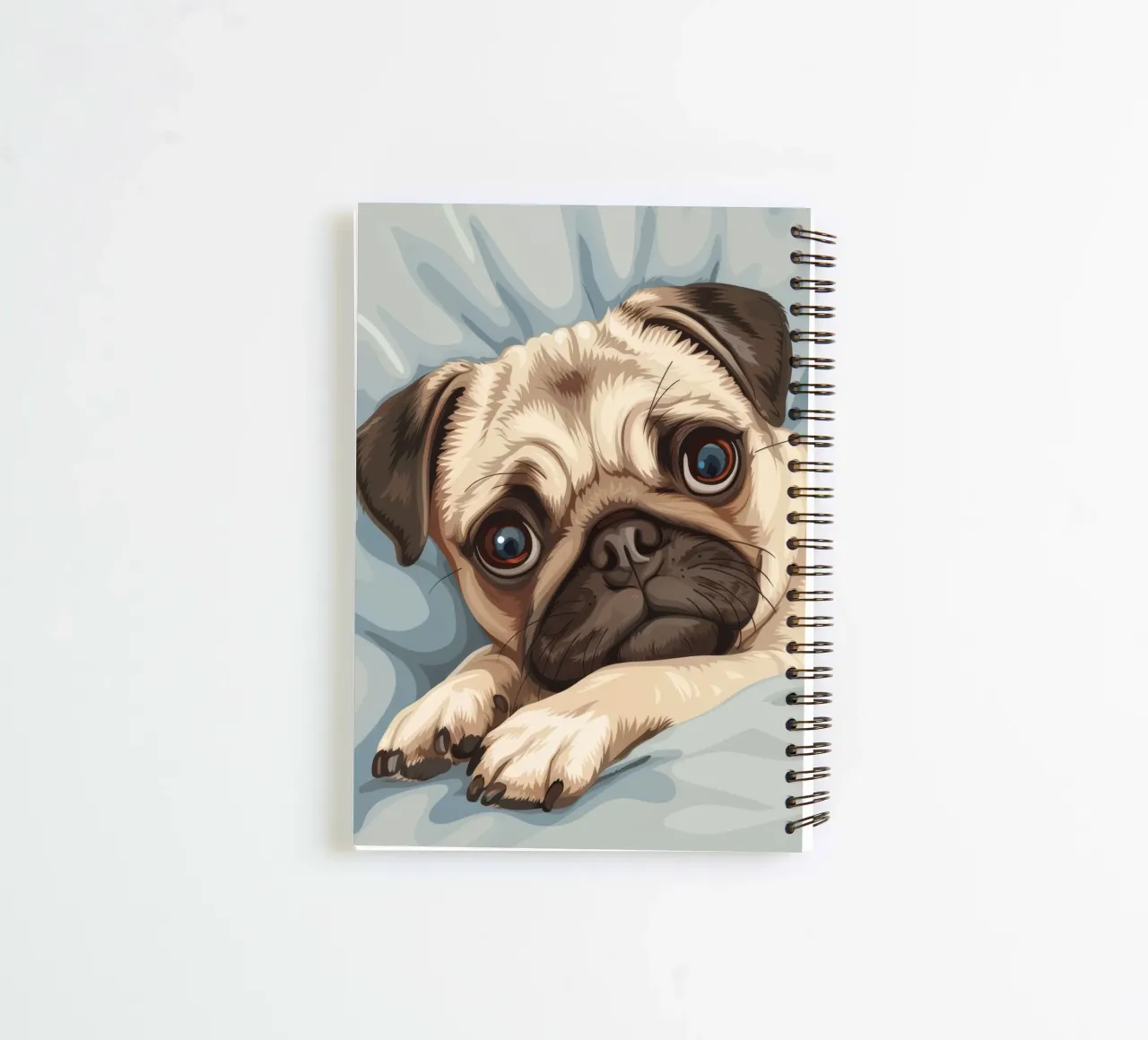 Cute pug resting on soft fabric with a thoughtful expression spiral notebook by DesignDoodle