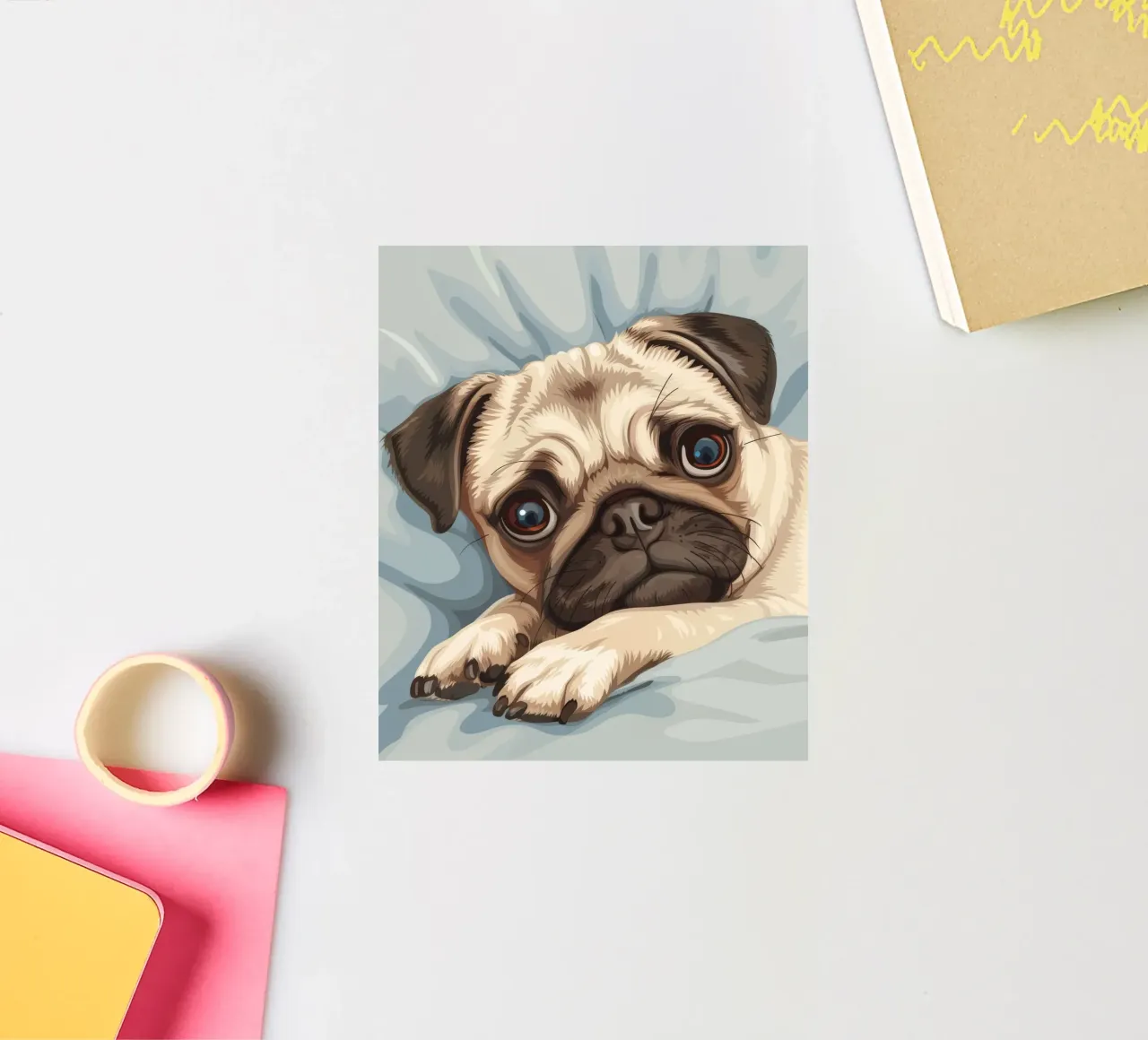 Cute pug resting on soft fabric with a thoughtful expression sticker by DesignDoodle