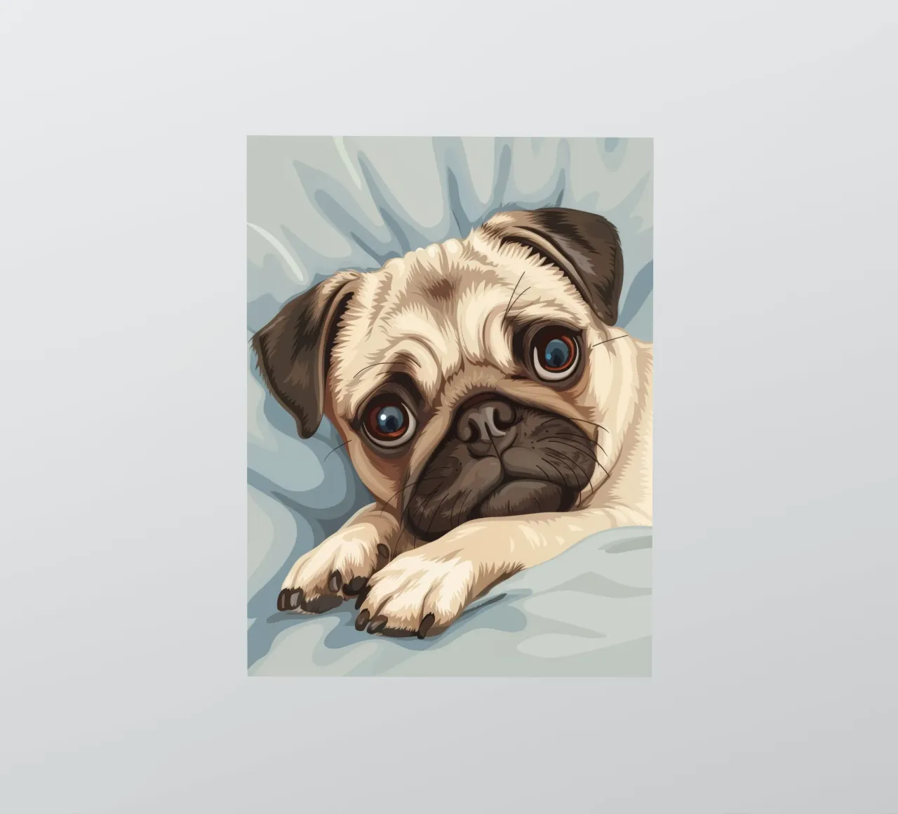 Cute pug resting on soft fabric with a thoughtful expression sticker by DesignDoodle