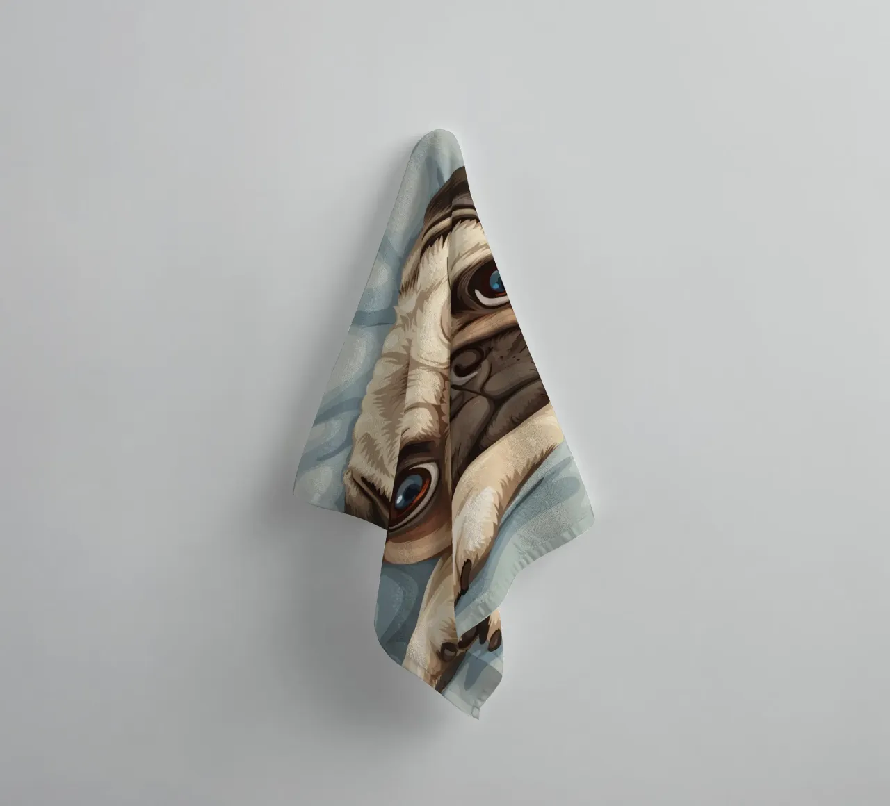 Cute pug resting on soft fabric with a thoughtful expression towel by DesignDoodle