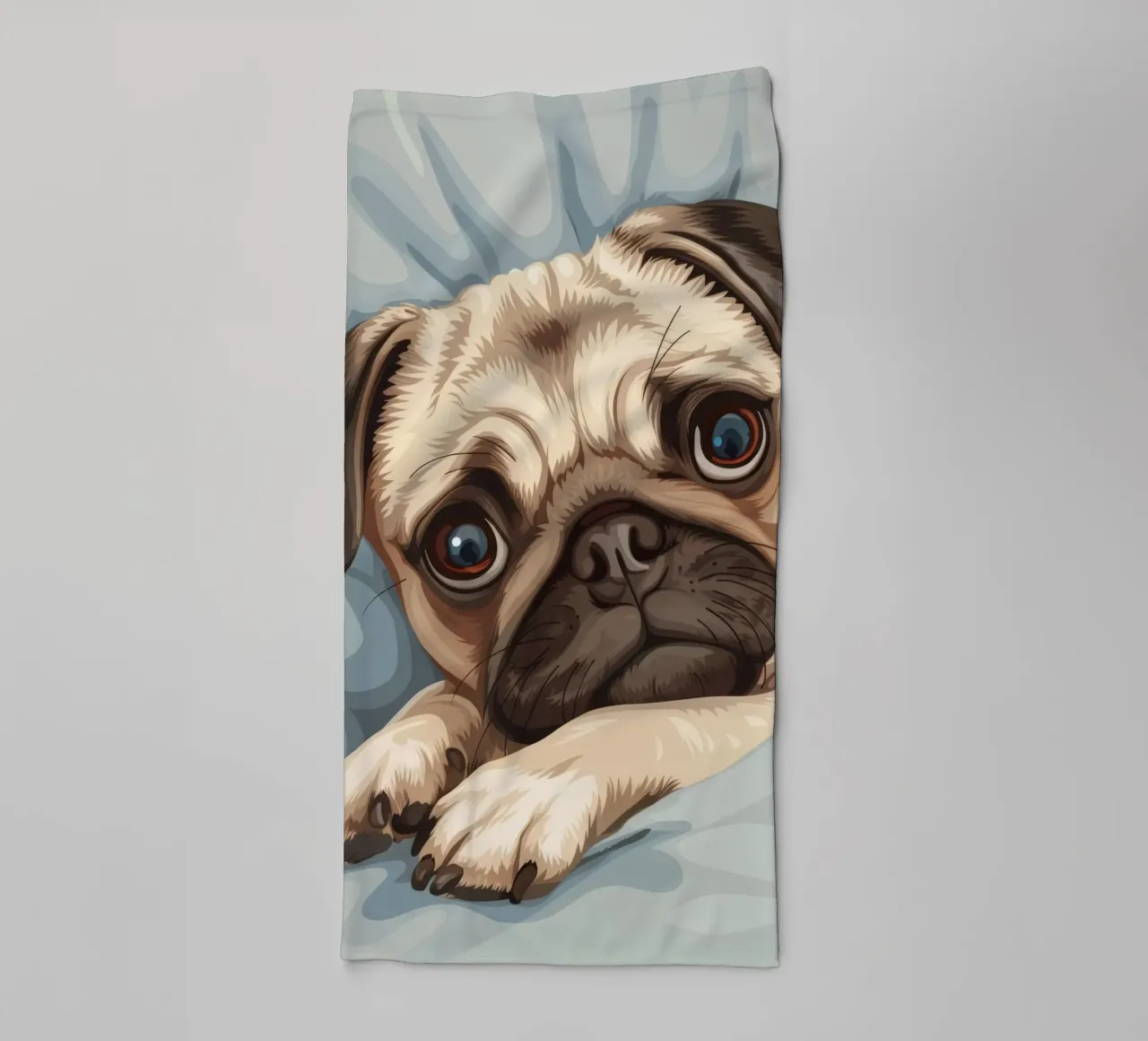Cute pug resting on soft fabric with a thoughtful expression towel by DesignDoodle