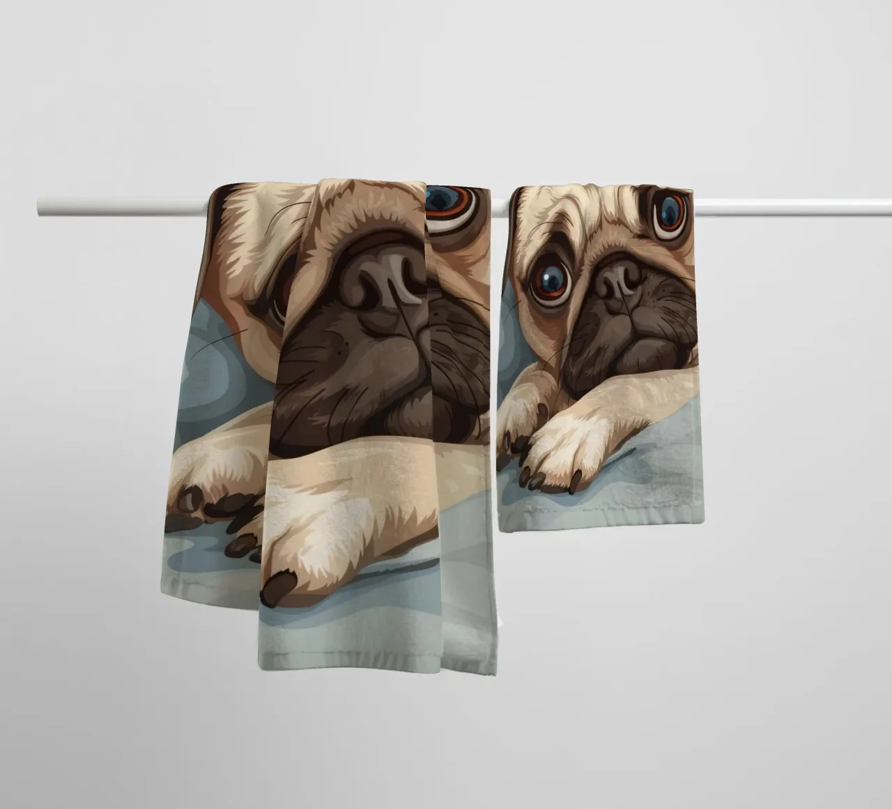 Cute pug resting on soft fabric with a thoughtful expression towel by DesignDoodle