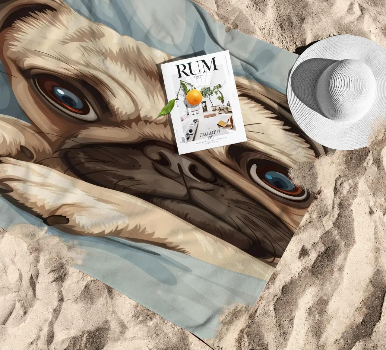 Cute pug resting on soft fabric with a thoughtful expression beach towel by DesignDoodle