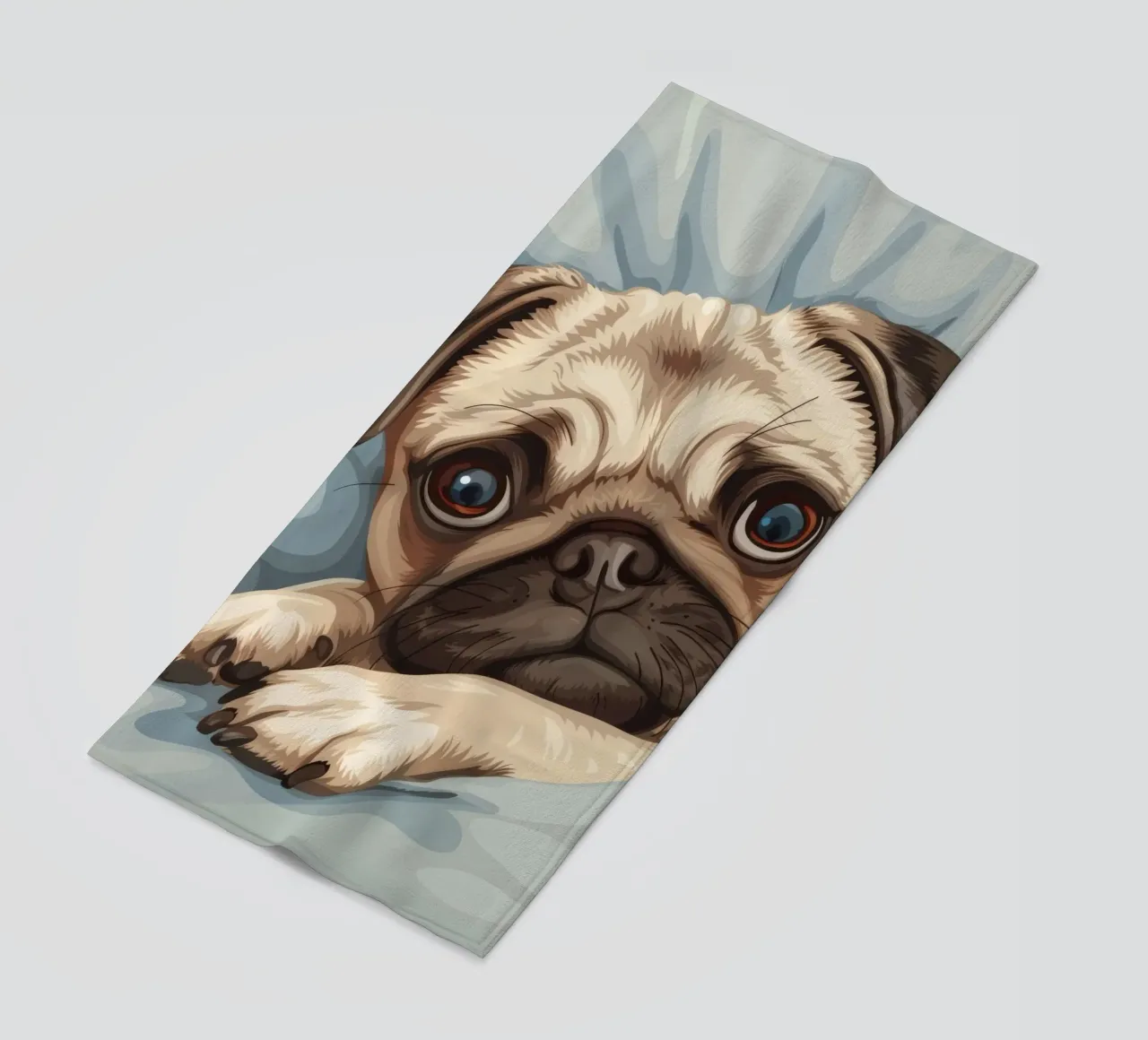 Cute pug resting on soft fabric with a thoughtful expression beach towel by DesignDoodle