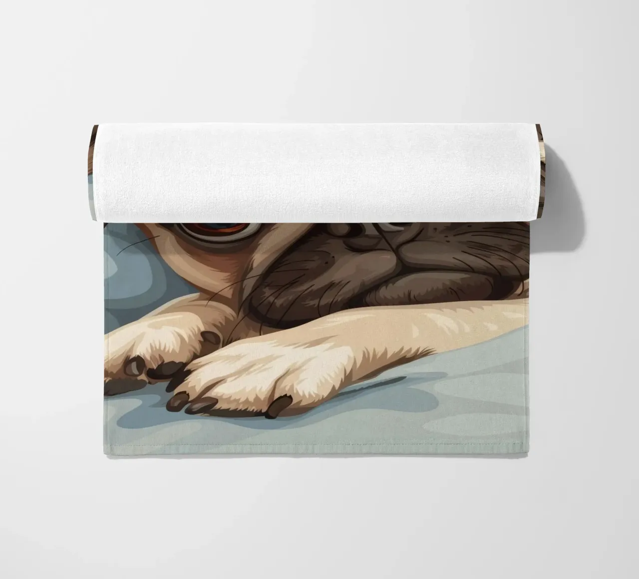 Cute pug resting on soft fabric with a thoughtful expression beach towel by DesignDoodle