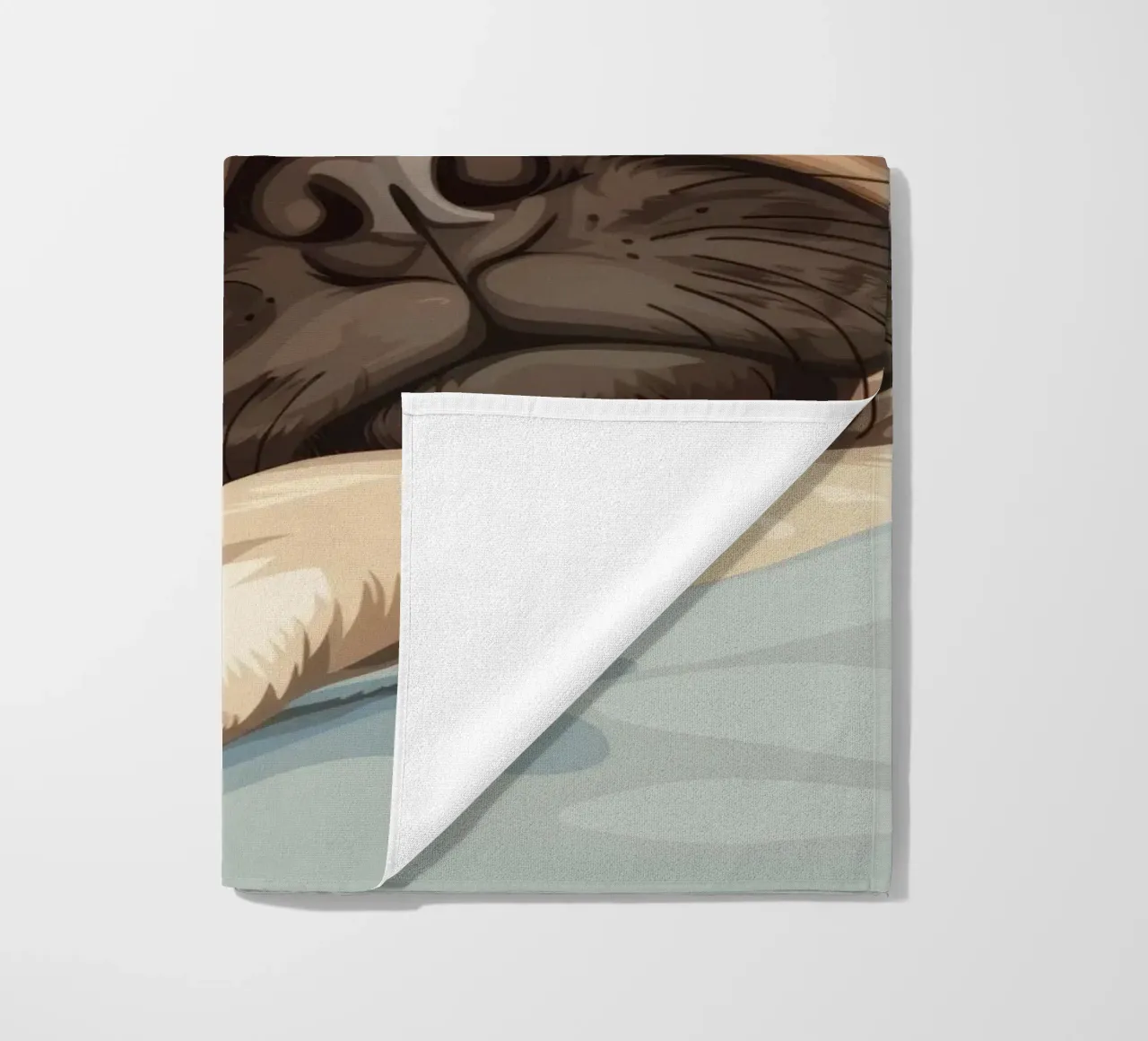 Cute pug resting on soft fabric with a thoughtful expression beach towel by DesignDoodle