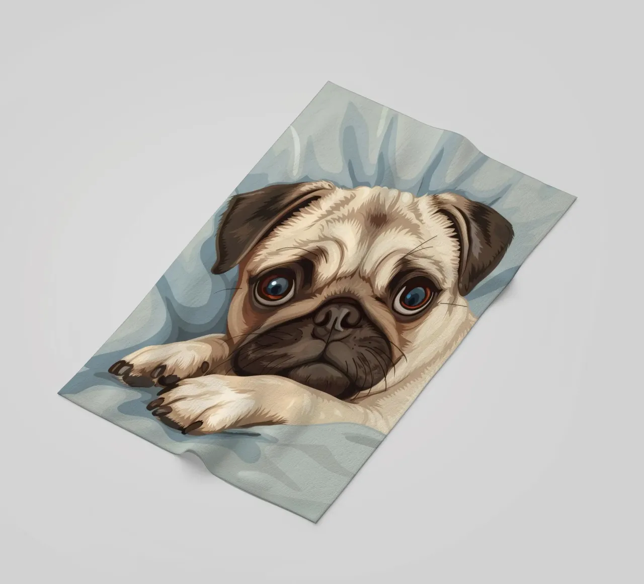 Cute pug resting on soft fabric with a thoughtful expression beach towel by DesignDoodle