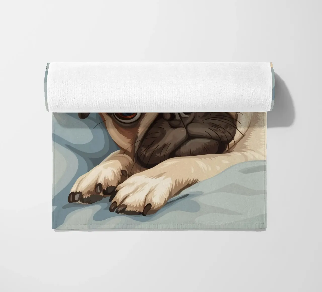 Cute pug resting on soft fabric with a thoughtful expression beach towel by DesignDoodle