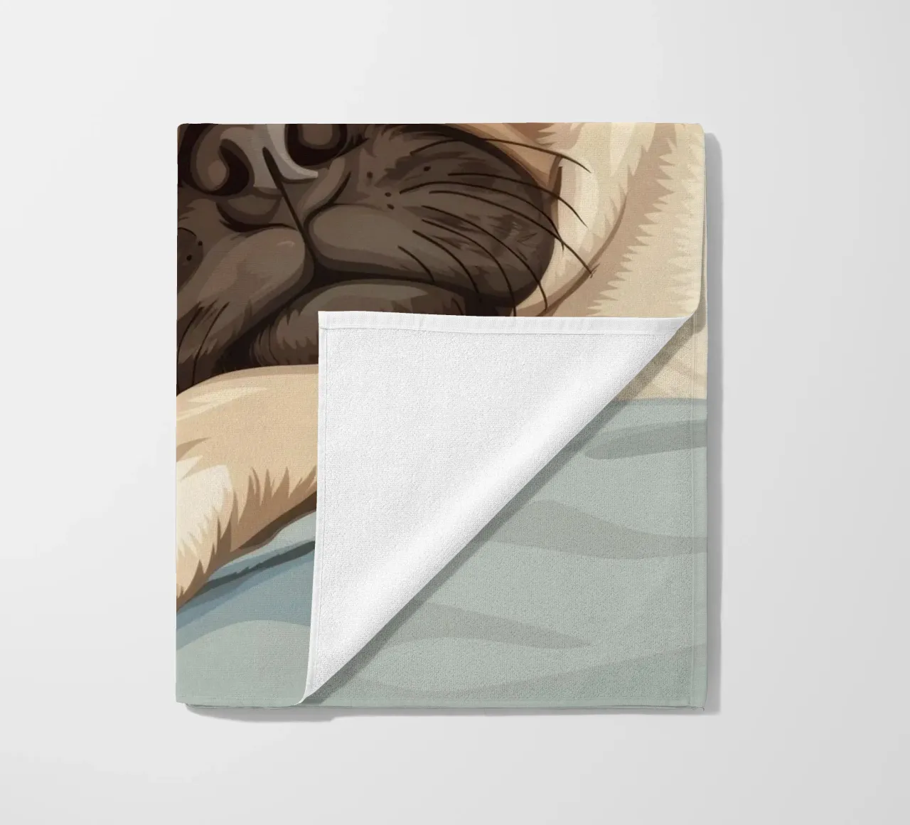 Cute pug resting on soft fabric with a thoughtful expression beach towel by DesignDoodle