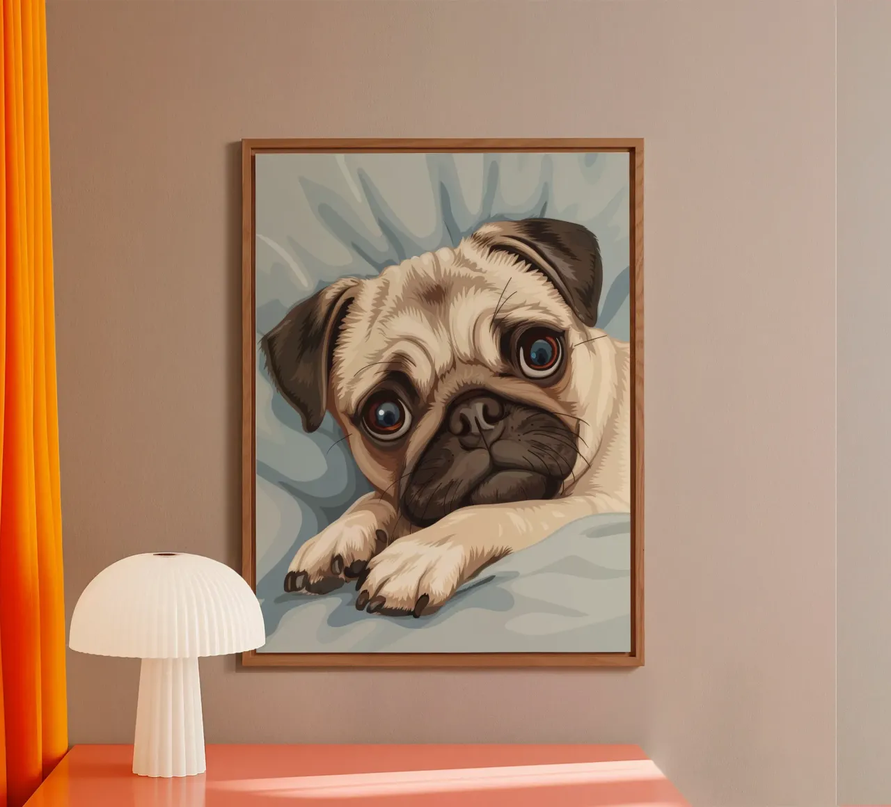 Cute pug resting on soft fabric with a thoughtful expression alu-dibond by DesignDoodle