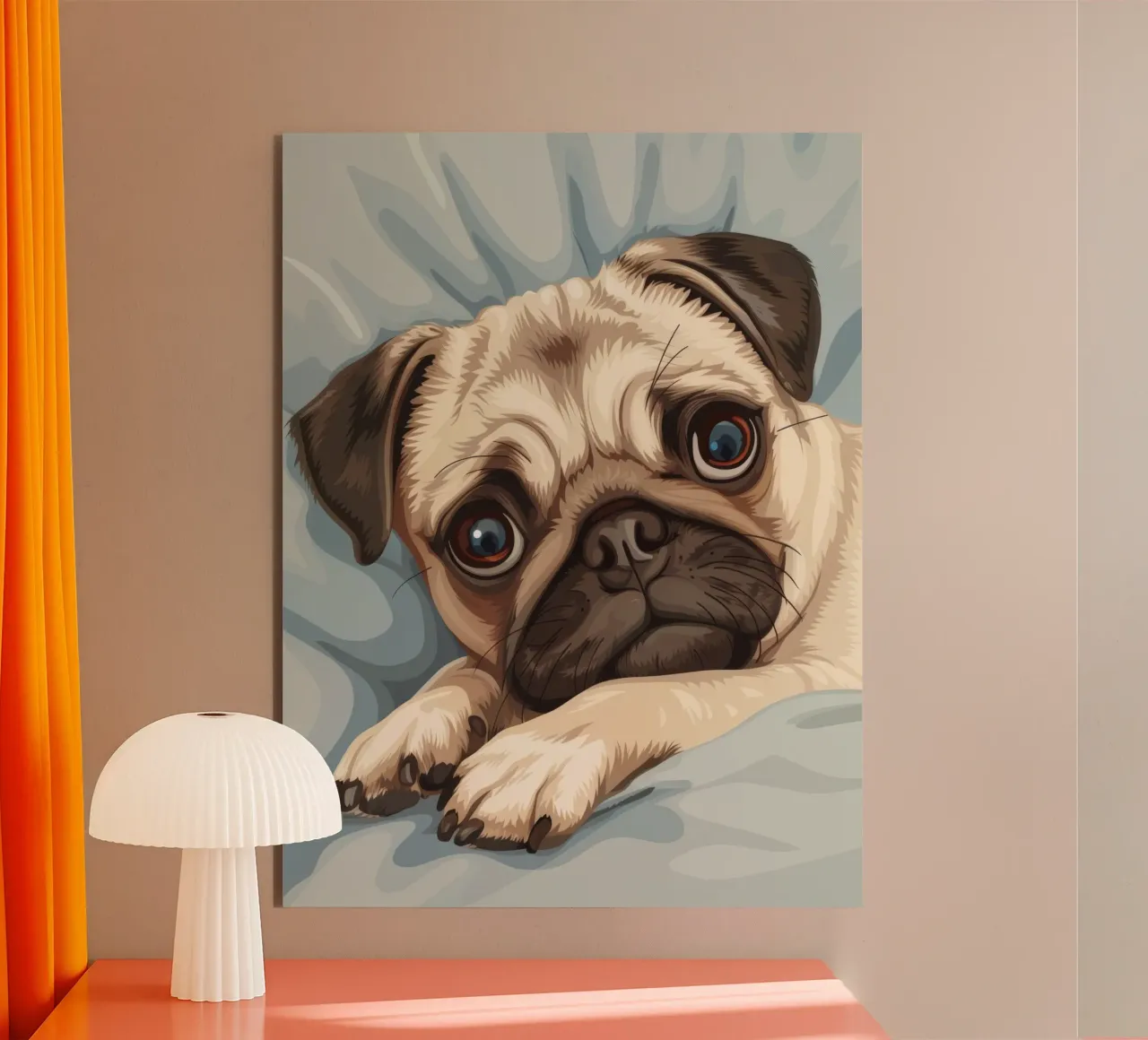 Cute pug resting on soft fabric with a thoughtful expression alu-dibond by DesignDoodle