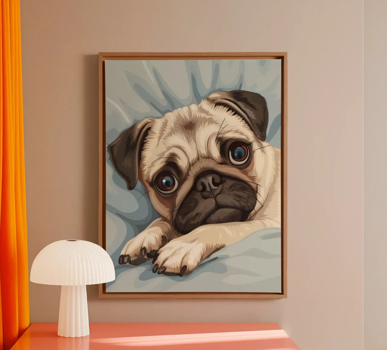 Cute pug resting on soft fabric with a thoughtful expression canvas by DesignDoodle