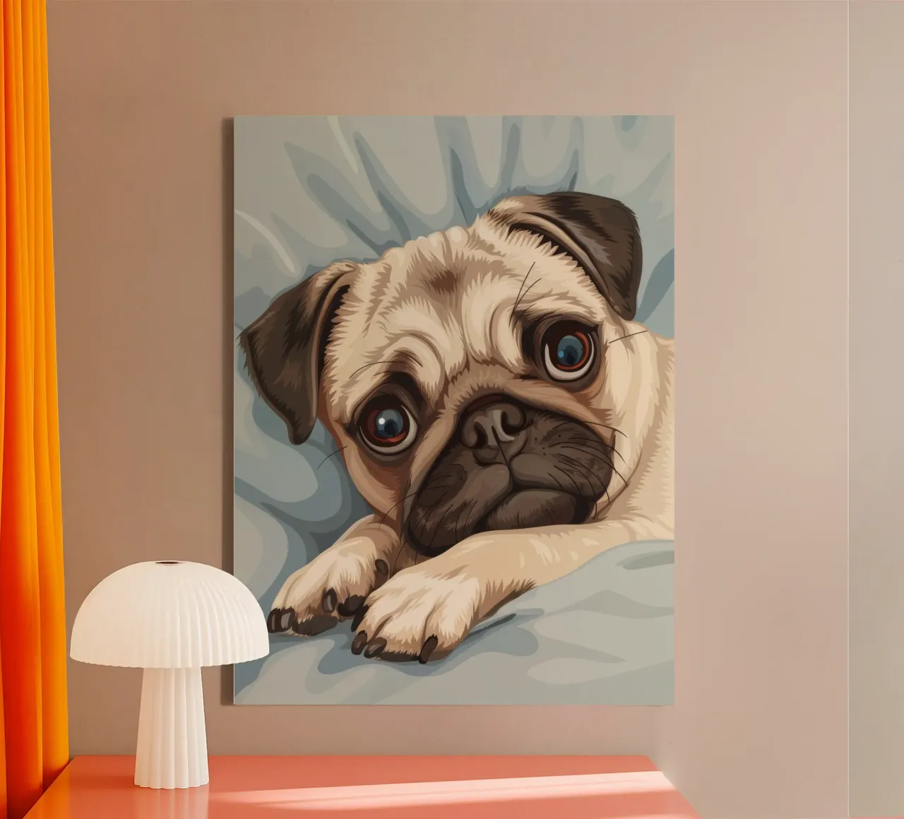 Cute pug resting on soft fabric with a thoughtful expression canvas by DesignDoodle