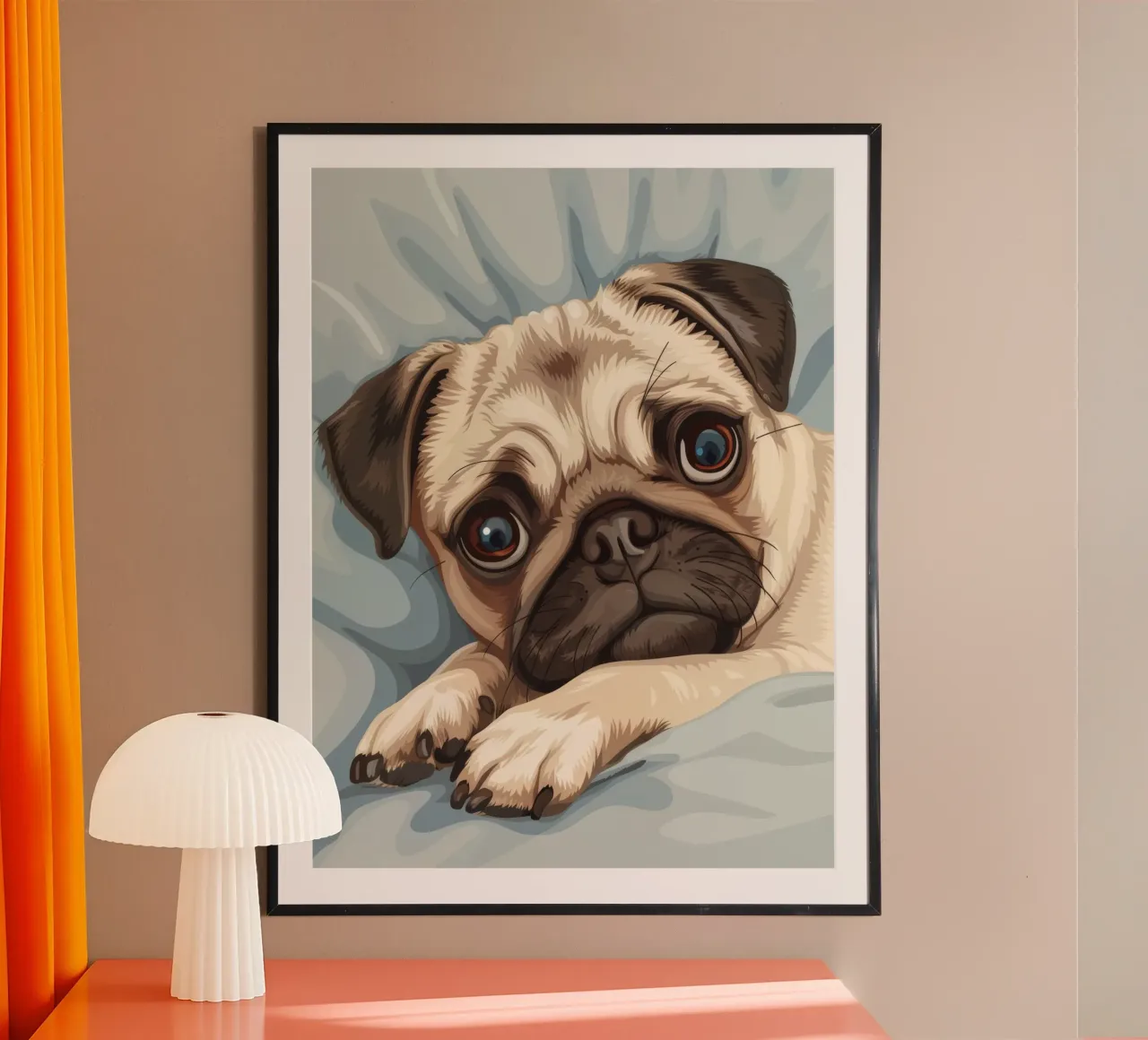 Cute pug resting on soft fabric with a thoughtful expression hahnemühle by DesignDoodle