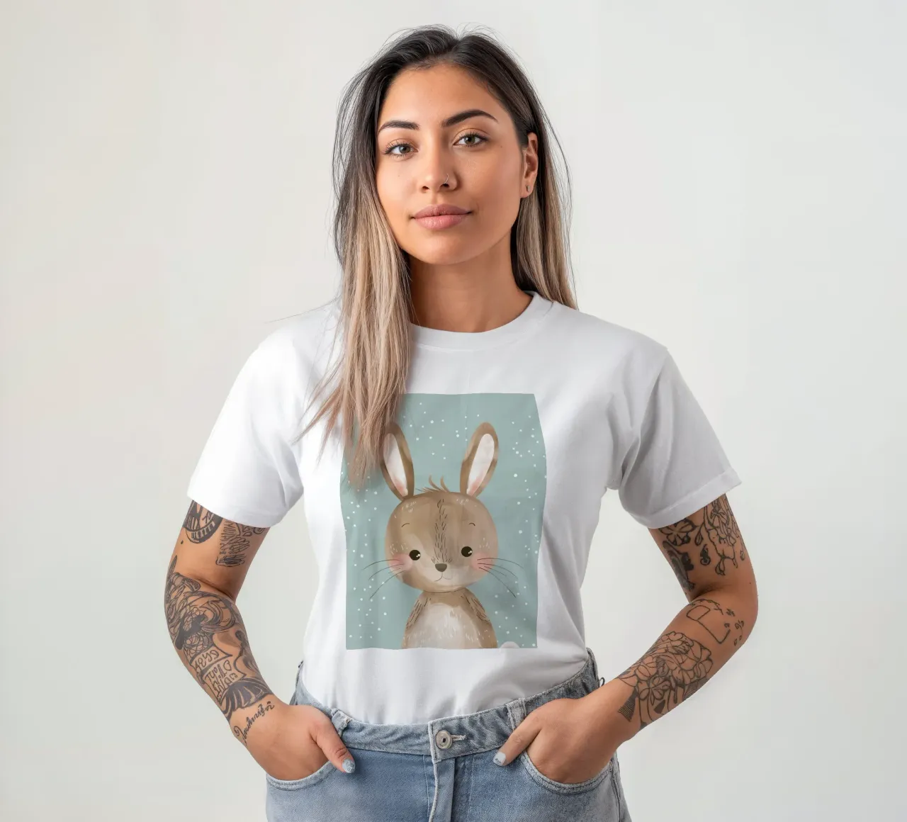 Cute rabbit character with soft features, light blue art t-shirt by DesignDoodle