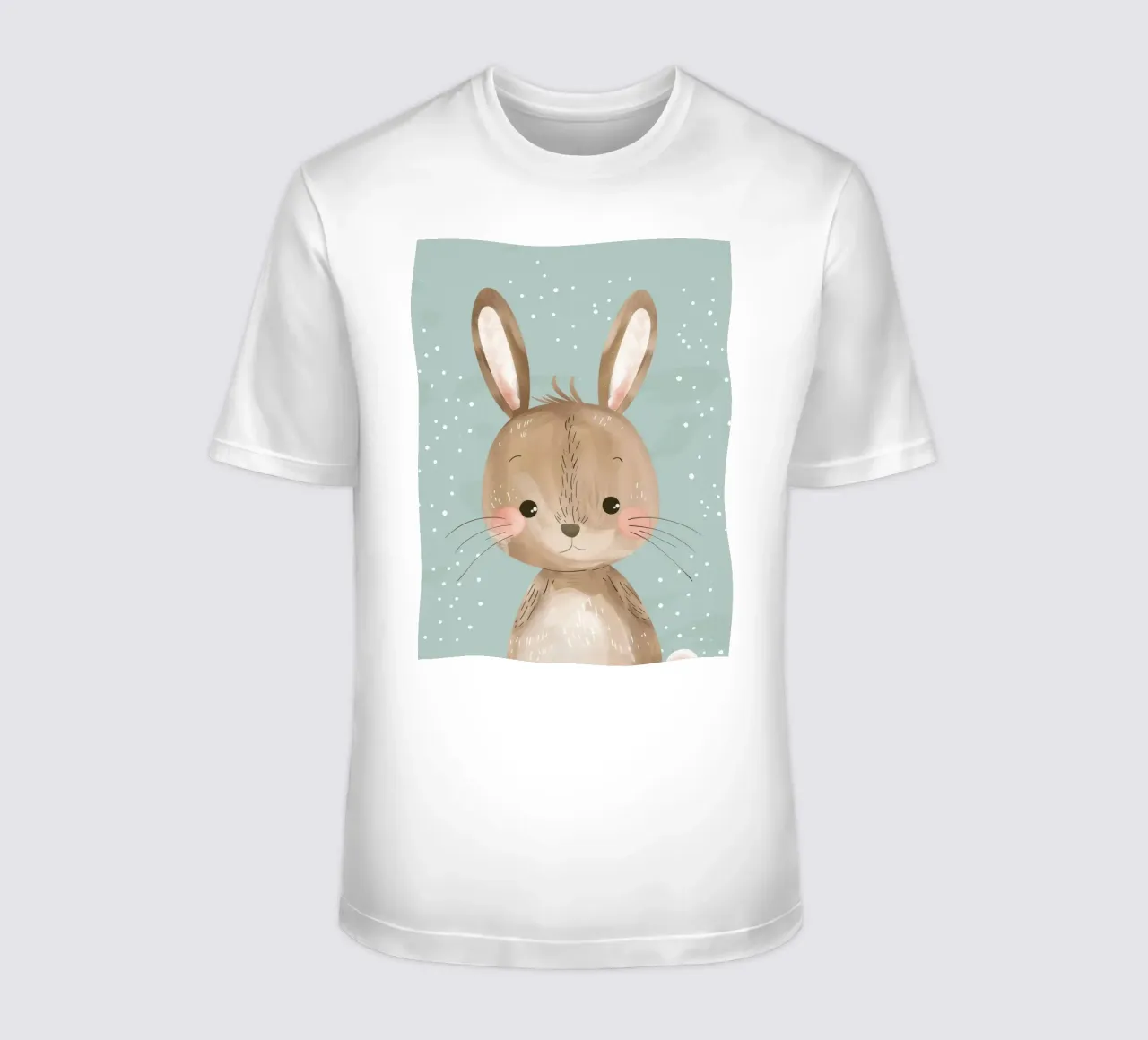 Cute rabbit character with soft features, light blue art t-shirt by DesignDoodle