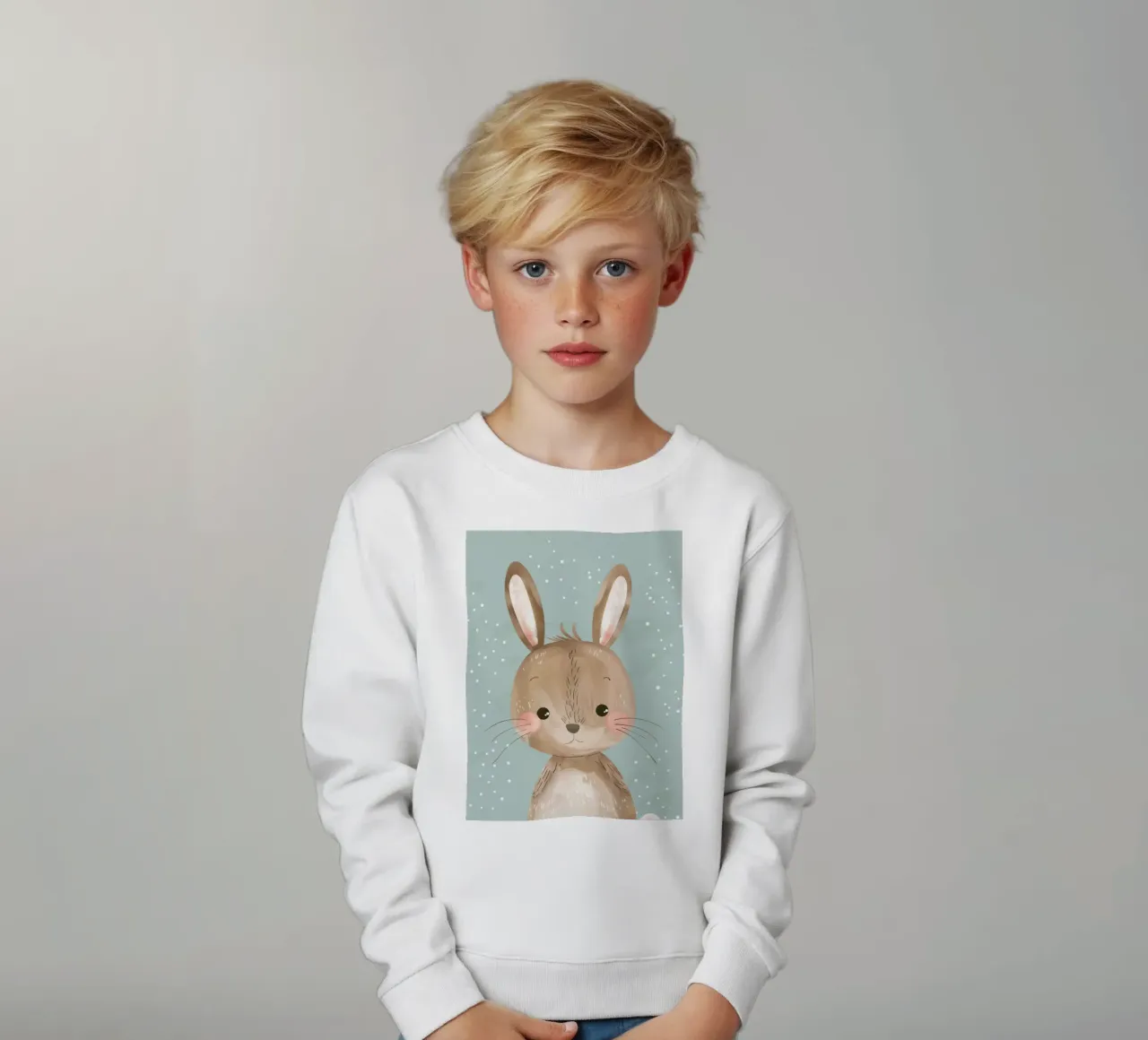 Cute rabbit character with soft features, light blue art kids sweatshirt by DesignDoodle