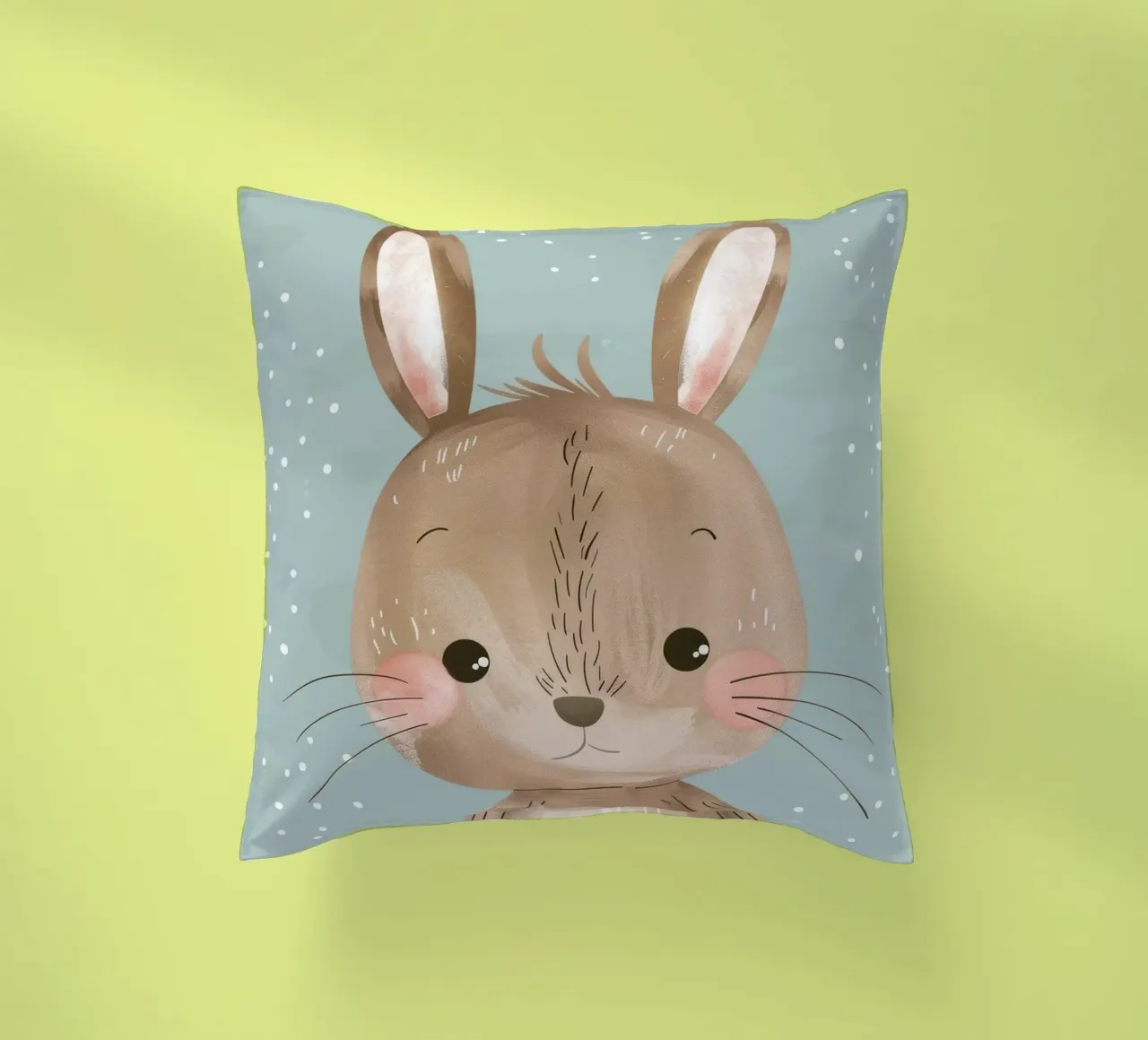 Cute rabbit character with soft features, light blue art decorative cushion by DesignDoodle