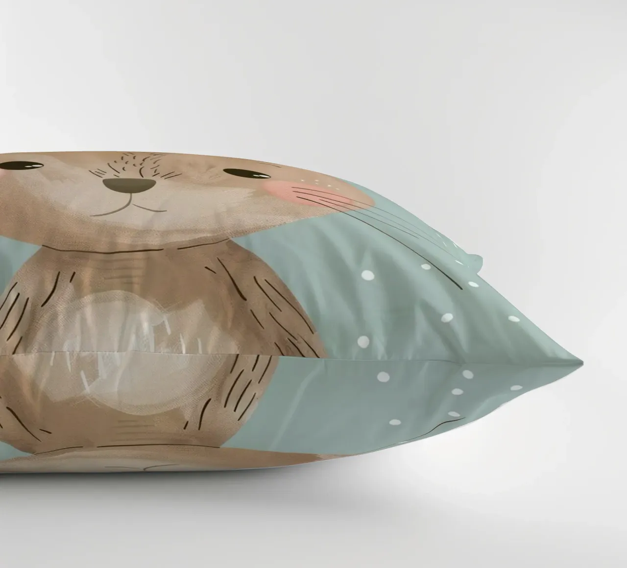 Cute rabbit character with soft features, light blue art decorative cushion by DesignDoodle