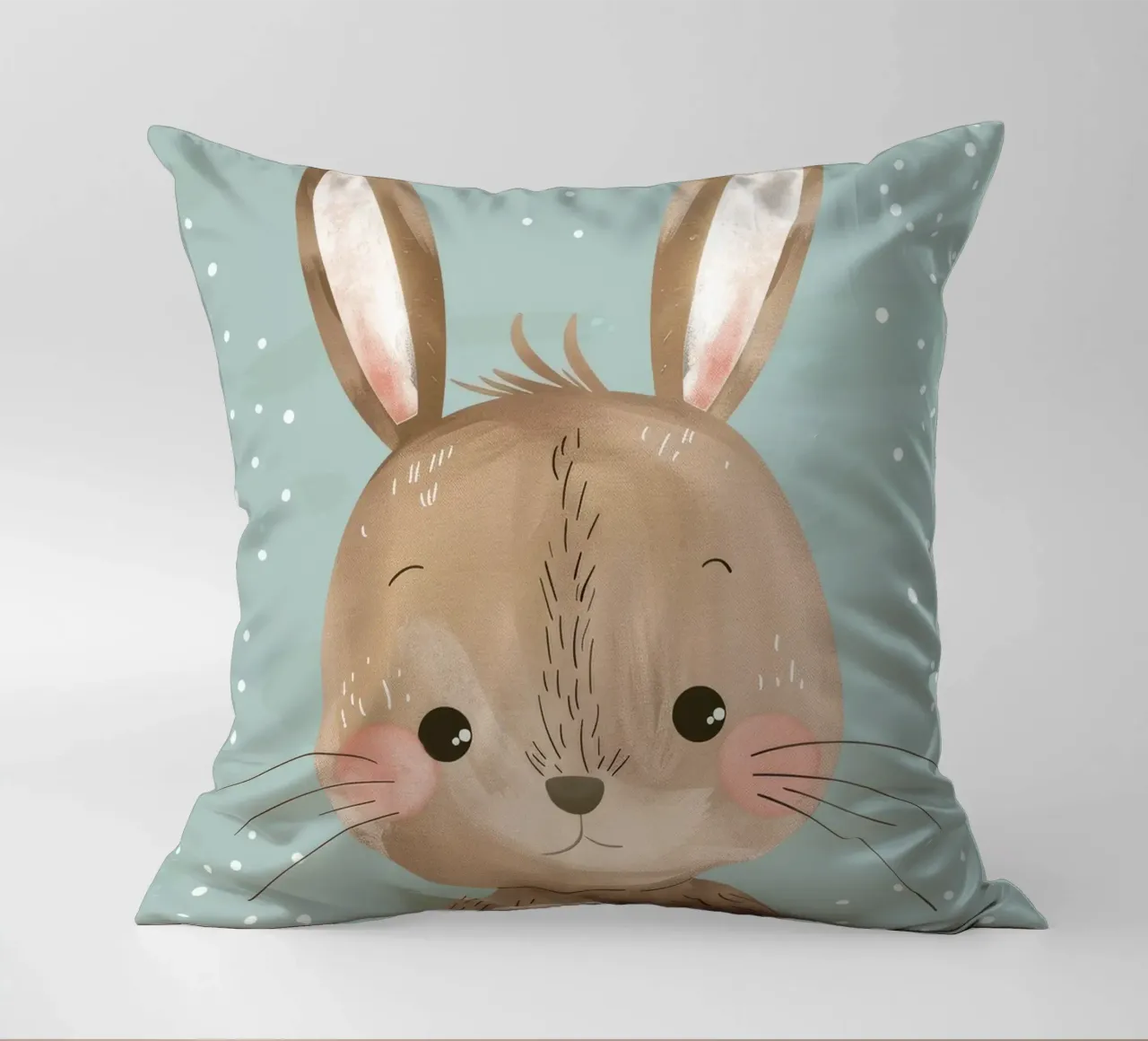 Cute rabbit character with soft features, light blue art decorative cushion by DesignDoodle