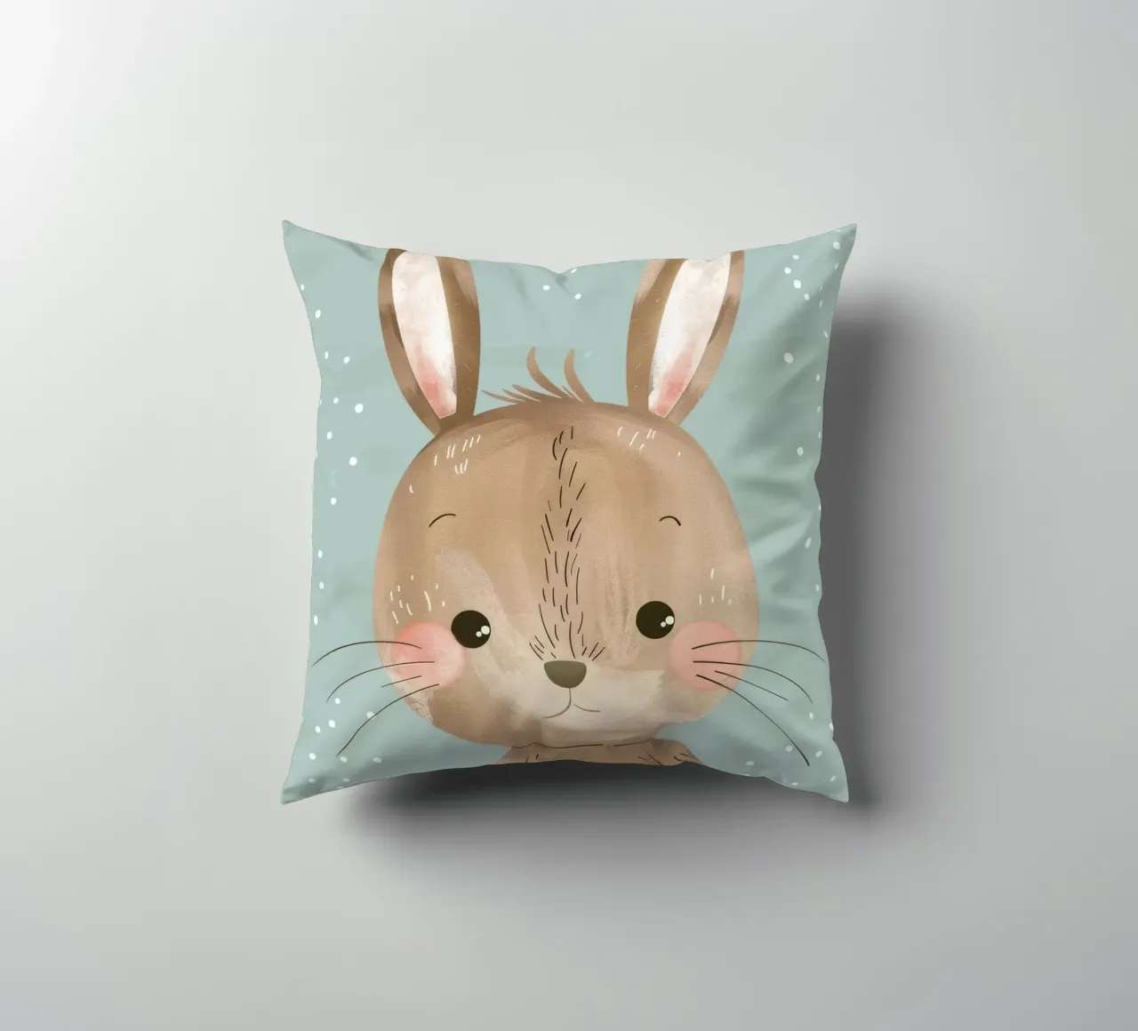 Cute rabbit character with soft features, light blue art decorative cushion by DesignDoodle