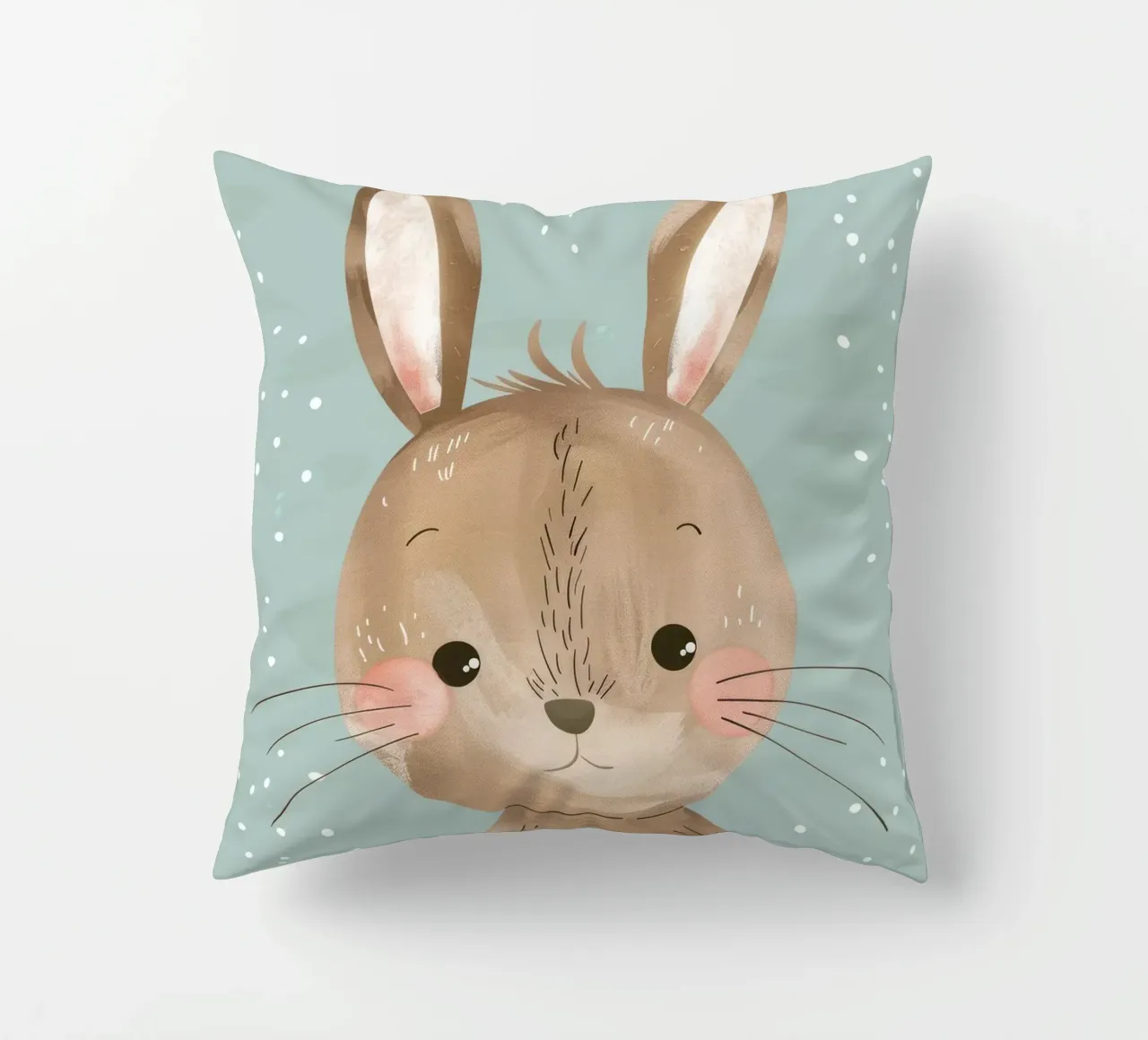 Cute rabbit character with soft features, light blue art decorative cushion by DesignDoodle