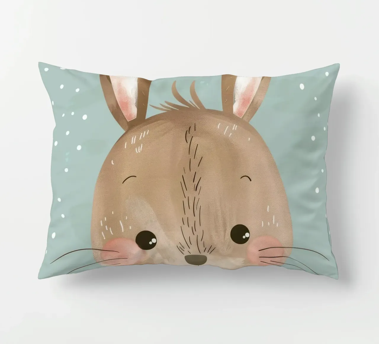 Cute rabbit character with soft features, light blue art decorative cushion by DesignDoodle
