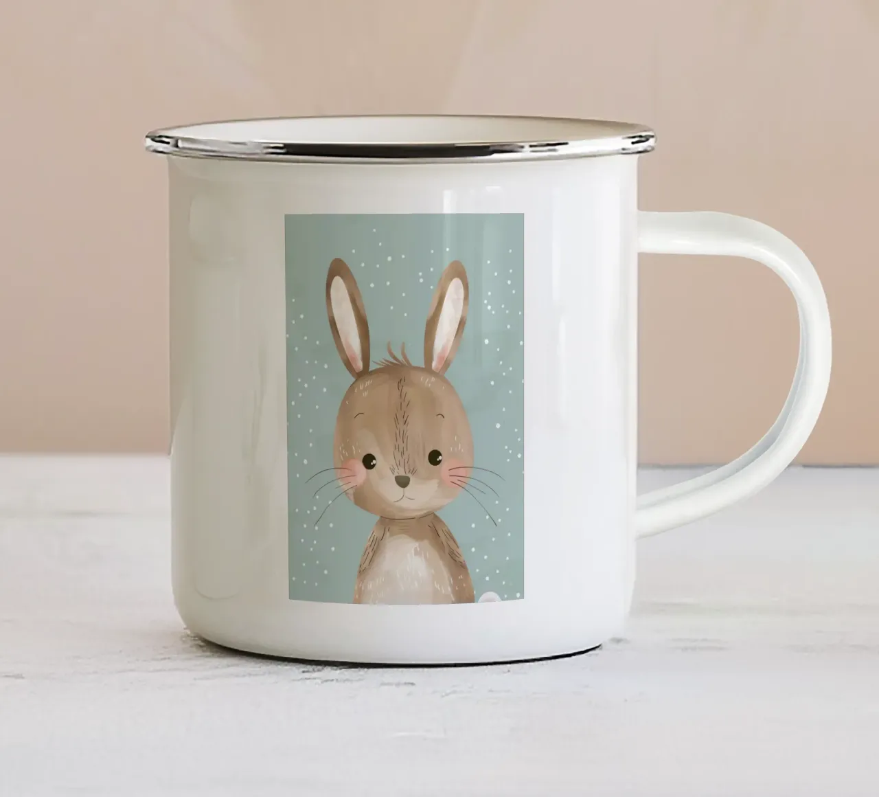 Cute rabbit character with soft features, light blue art enamel mug by DesignDoodle