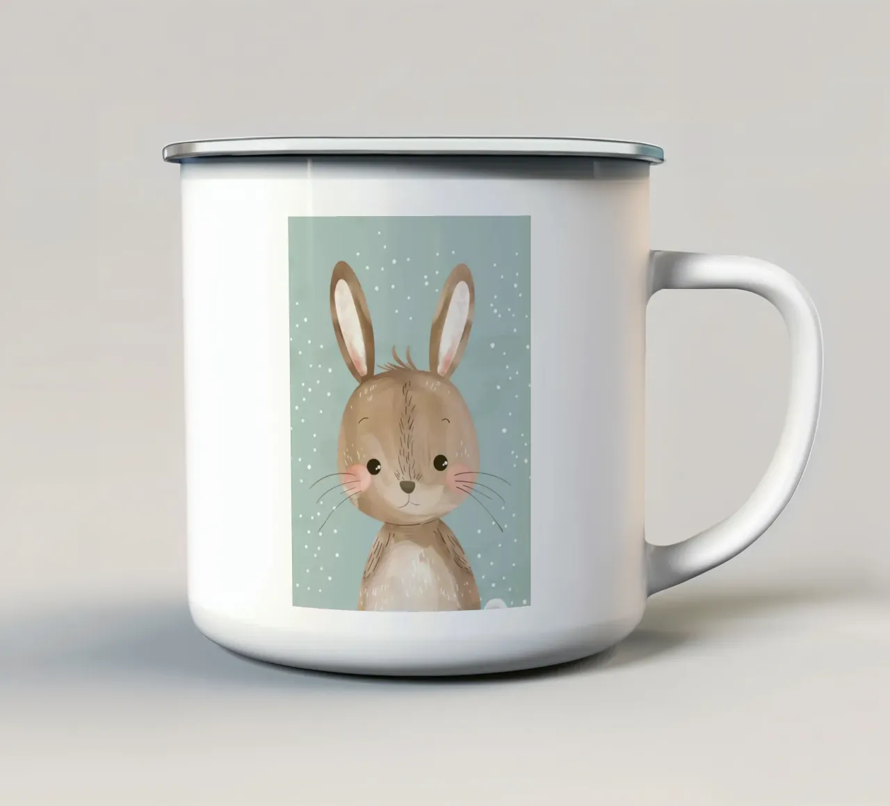Cute rabbit character with soft features, light blue art enamel mug by DesignDoodle