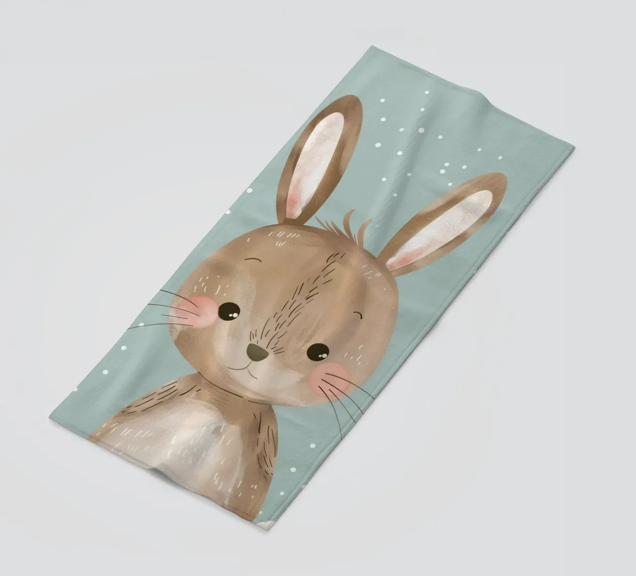 Cute rabbit character with soft features, light blue art beach towel by DesignDoodle