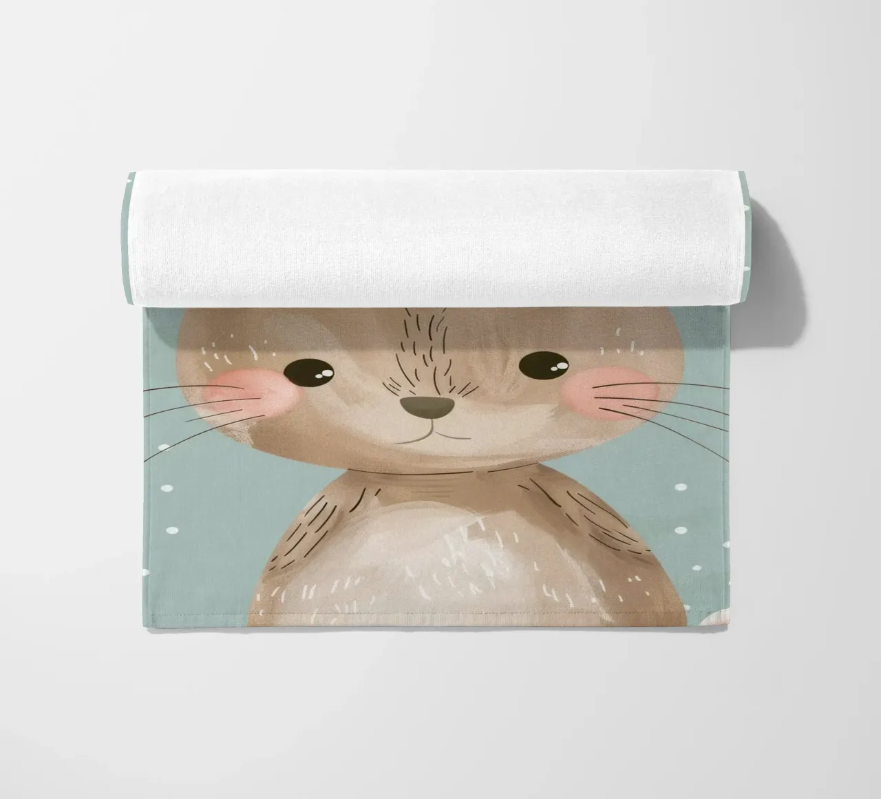 Cute rabbit character with soft features, light blue art beach towel by DesignDoodle