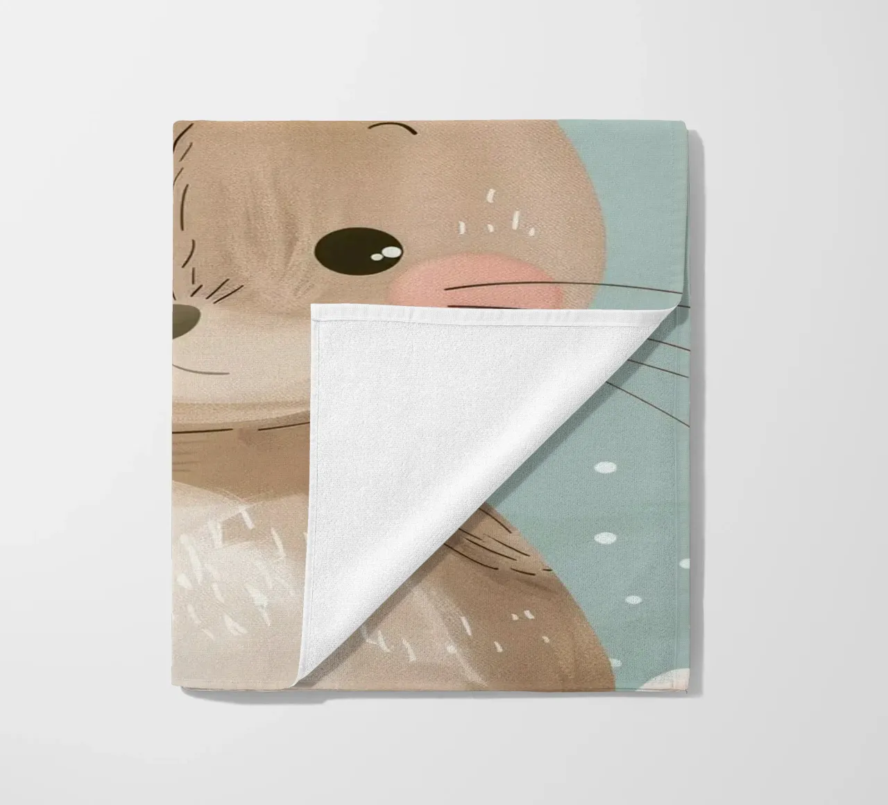Cute rabbit character with soft features, light blue art beach towel by DesignDoodle