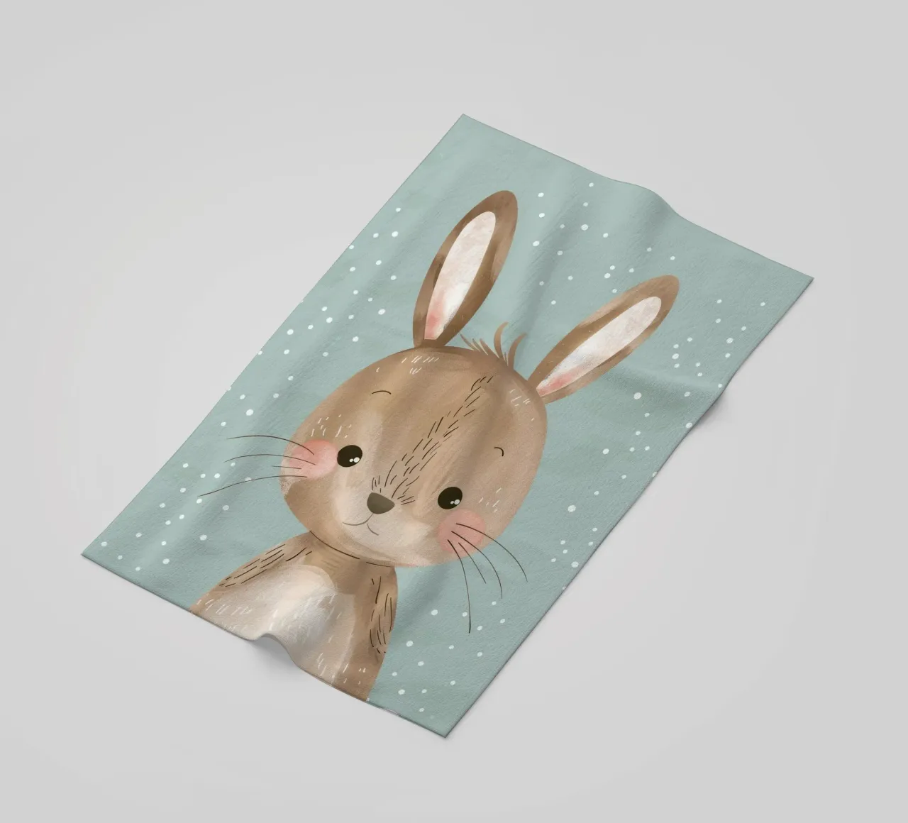 Cute rabbit character with soft features, light blue art beach towel by DesignDoodle
